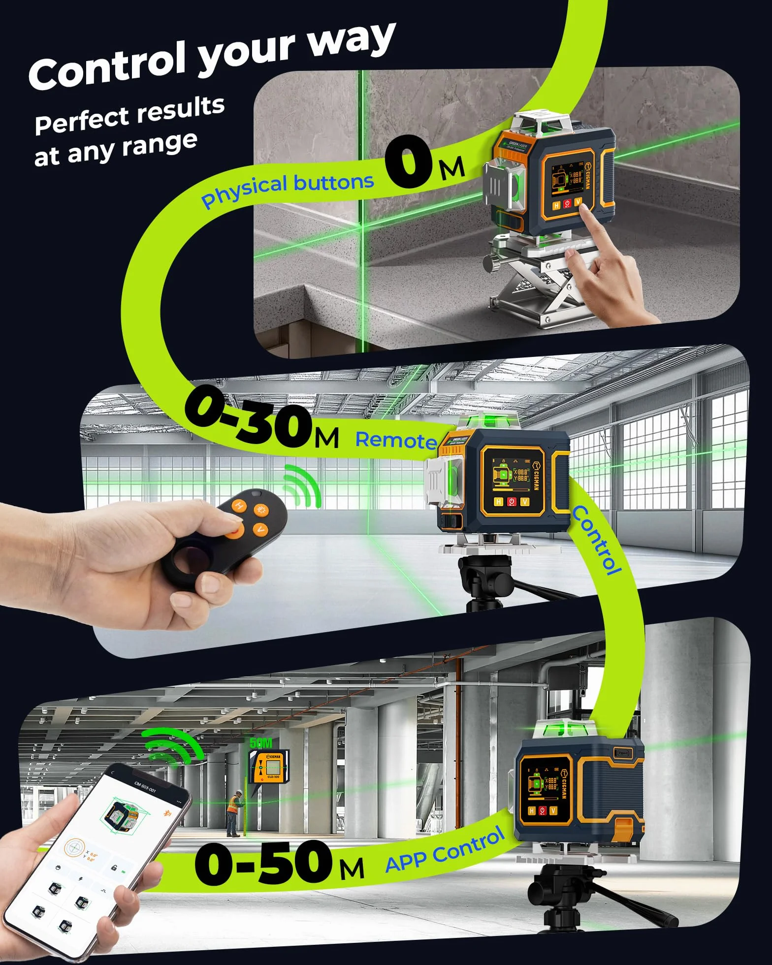 CIGMAN Wyświetlacz boczny, zielony poziom laserowy, bezprzewodowy pilot zdalnego sterowania przez aplikację, 4 x 360°, samopoziomujące, krzyżowe narzędzie do poziomowania laserowego, 2 x akumulator