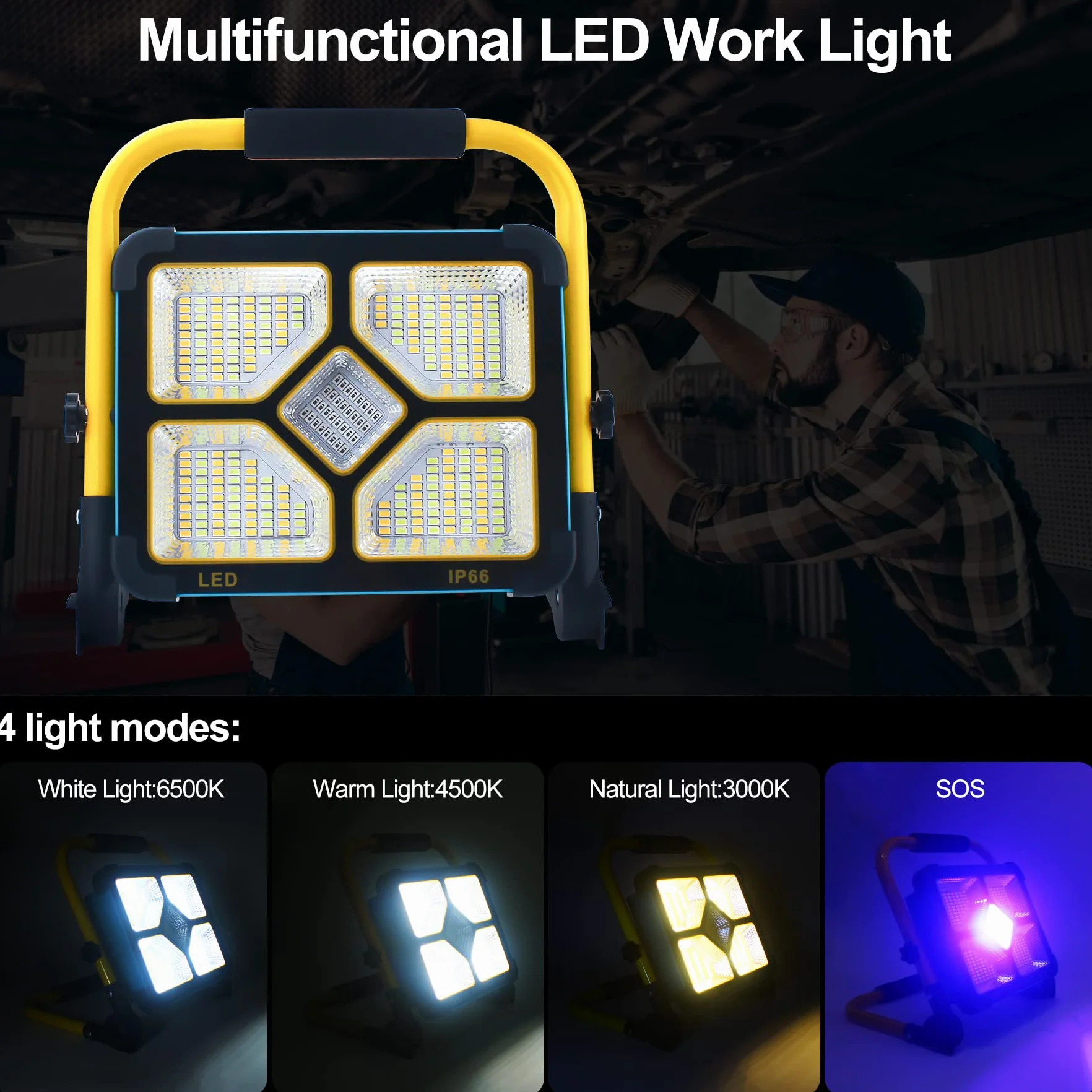 Lampa budowlana z akumulatorem LED z statywem, przenośne oświetlenie budowlane z baterią 10500mAh, ładowanie typu C i solarne, 4 tryby światła - Idealne do napraw, placów budowy, sytuacji awaryjnych