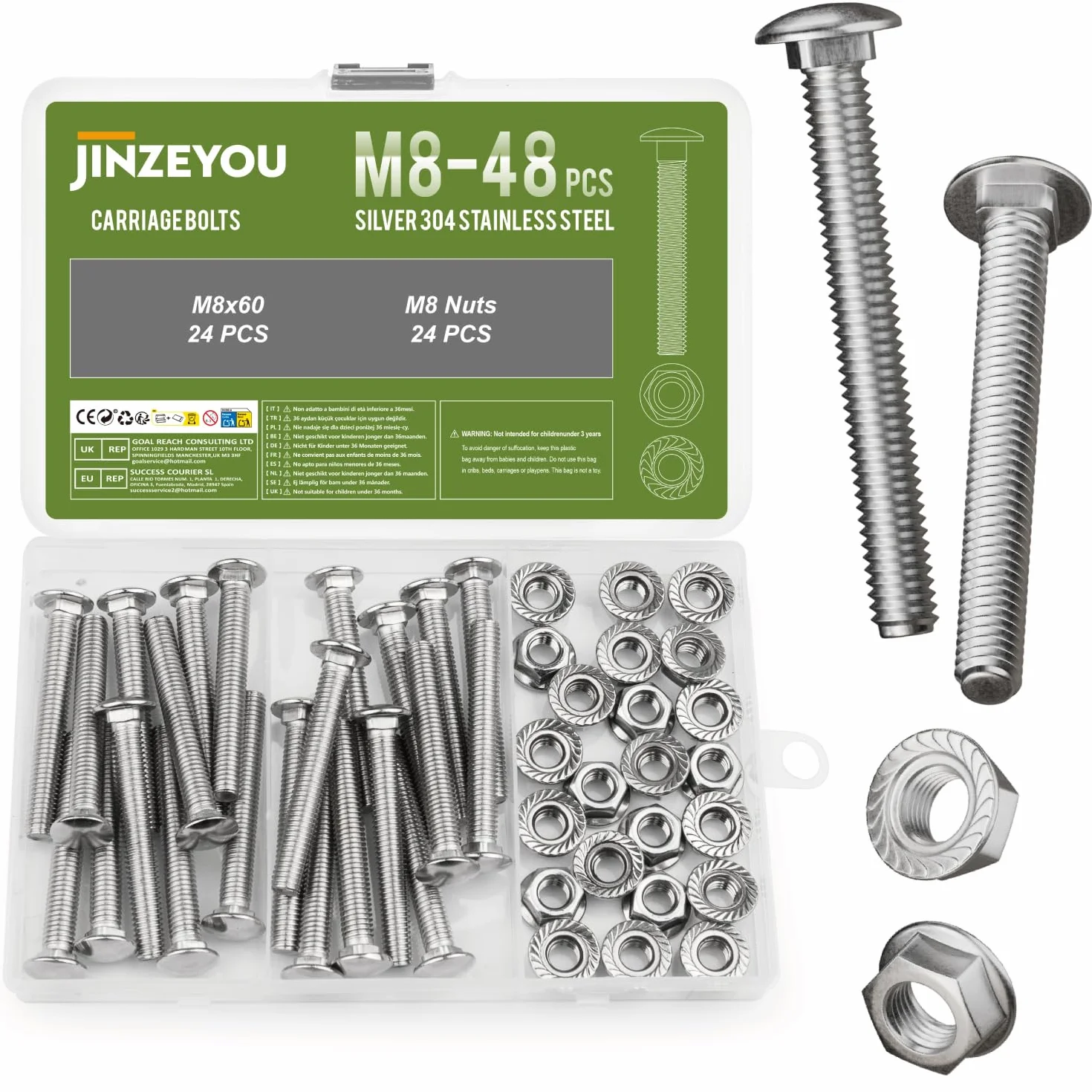 48 sztuk śrub zamkowych M8 x 60 mm, śruby do bramy ze stali nierdzewnej z sześciokątnymi nakrętkami kołnierzowymi, śruby z łbem płaskim, okrągłym z nasadką czworokątną, płaskie, okrągłe śruby do zamka