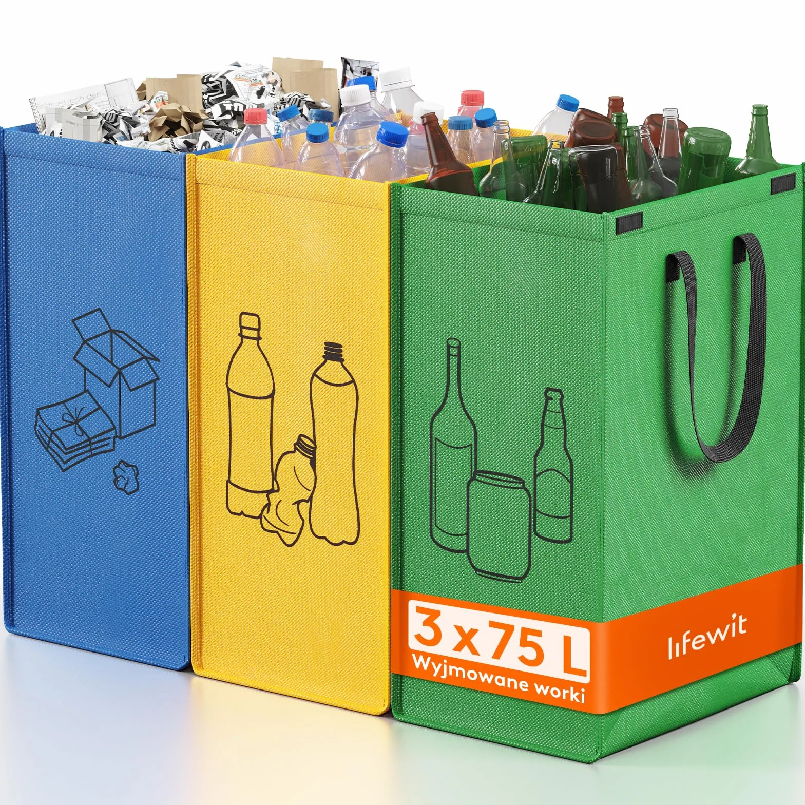 Lifewit System segregacji odpadów do kuchni, kosze na śmieci 3-częściowe na papier, szkło i plastik, pojemniki na recykling, pojemnik na zużyty papier i pojemnik na butelki z depozytem, 3 X 75L, Łatwe