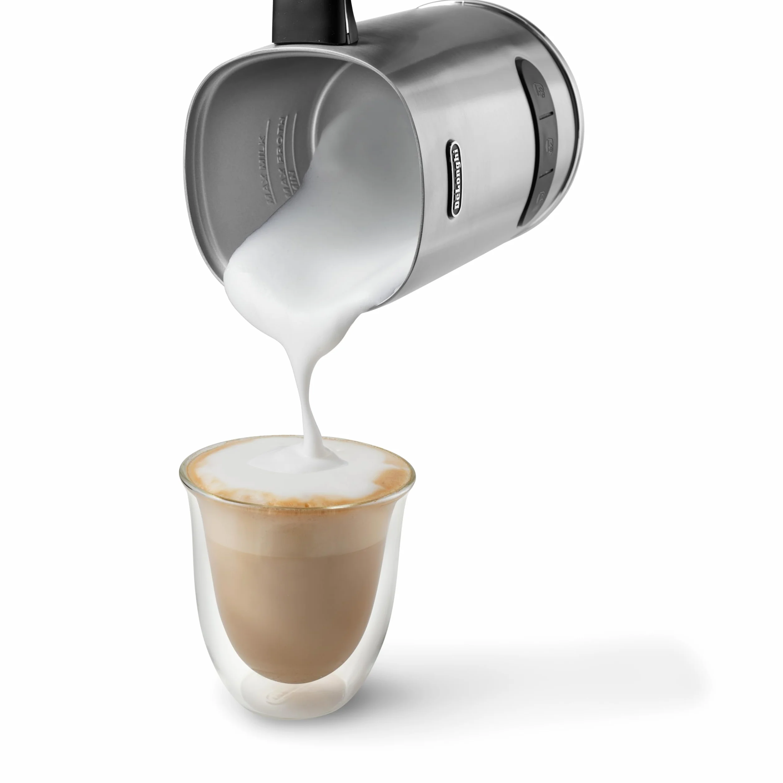 De'Longhi LatteMix EMF3.M elektryczny spieniacz do mleka i warzyw, łatwe czyszczenie, przezroczysta pokrywka, 3 przyciski, 250 ml, biały