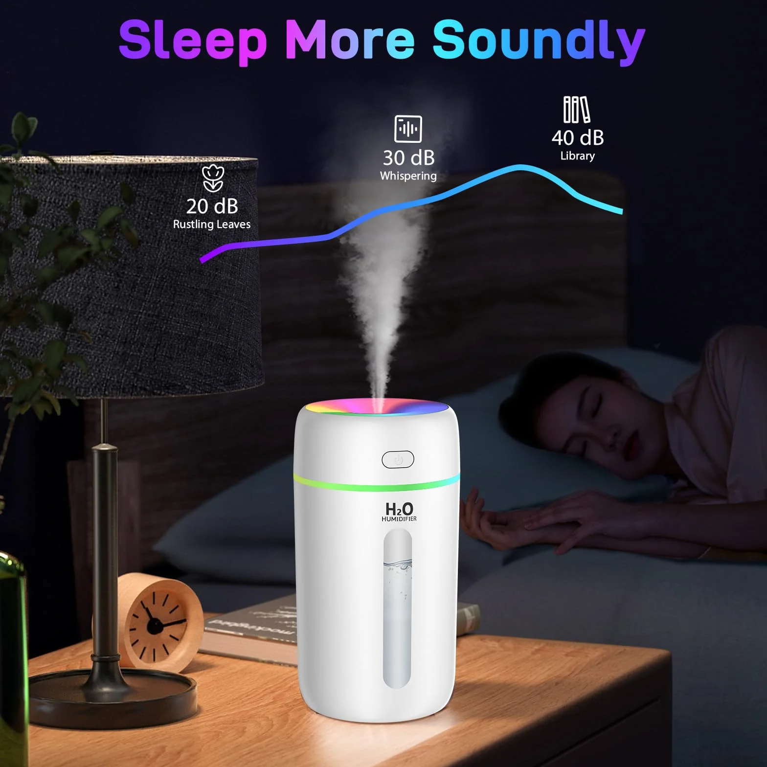Kissleaf Mini nawilżacz powietrza 250 ml 7 kolorów światła 28 dB USB-C cichy