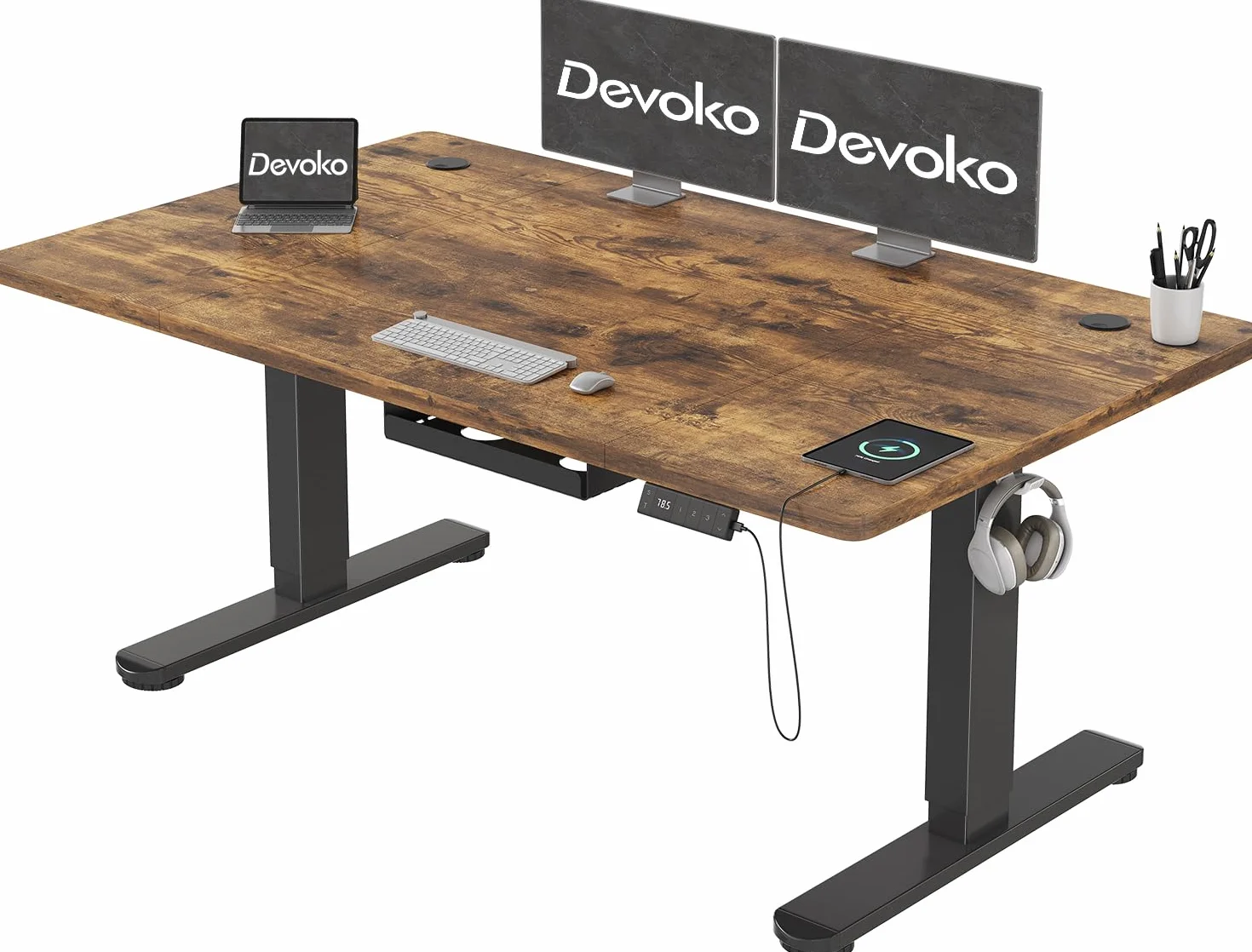Devoko Elektryczne Biurko Stacjonarne Z Gniazdem Ładowania Typu C, 140 x 80 cm, Podnoszone Biurko, Regulowana Wysokość Z 3 Wysokościami, Organizer Kabli, Do Użytku Biurowego