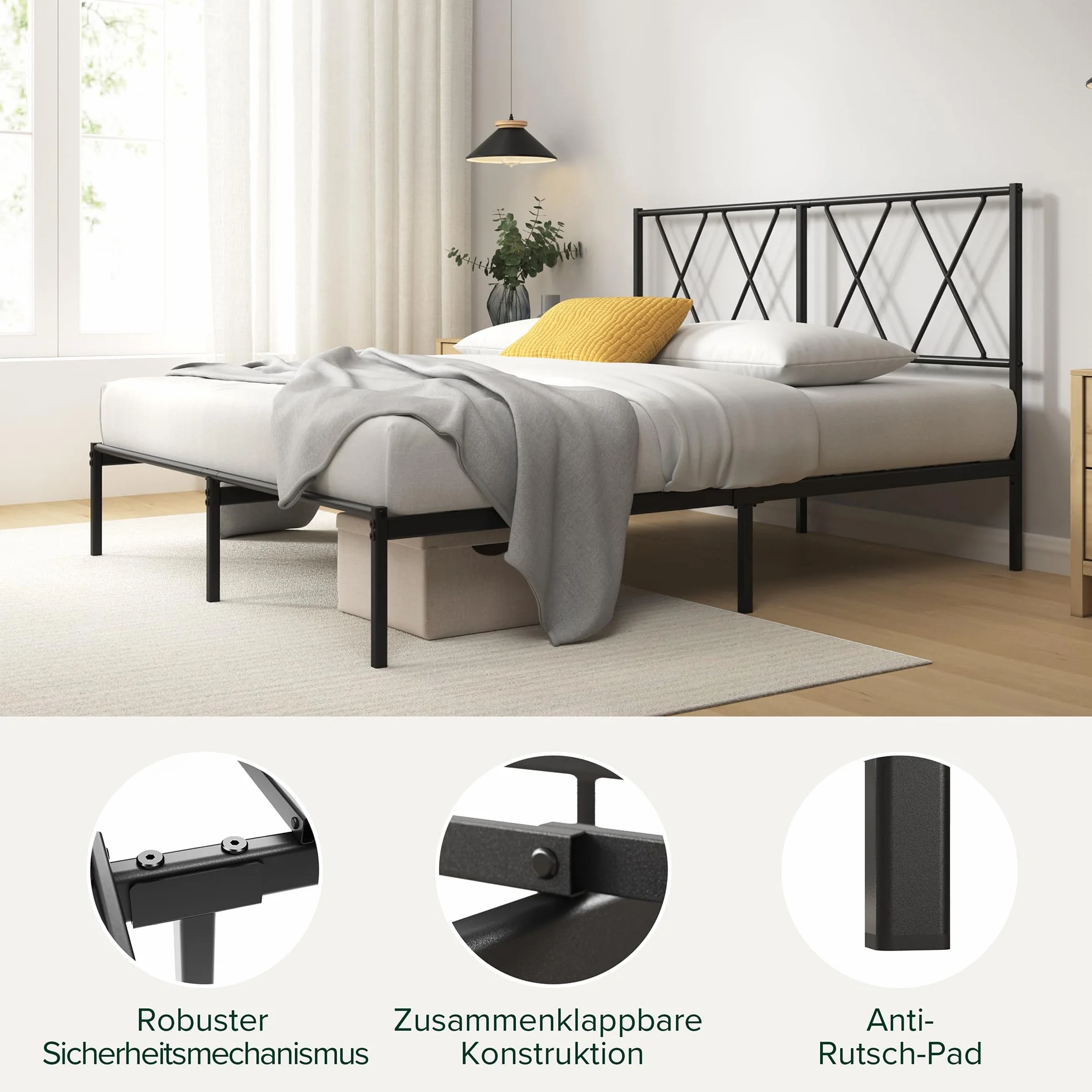 Zinus Elias Łóżko 140 x 200 cm – 30 cm wysokości – metalowa rama łóżka z zagłówkiem – metalowe łóżko ze stelażem – nie wymaga łóżka kontynentalnego, wolna przestrzeń pod łóżkiem, kolor czarny