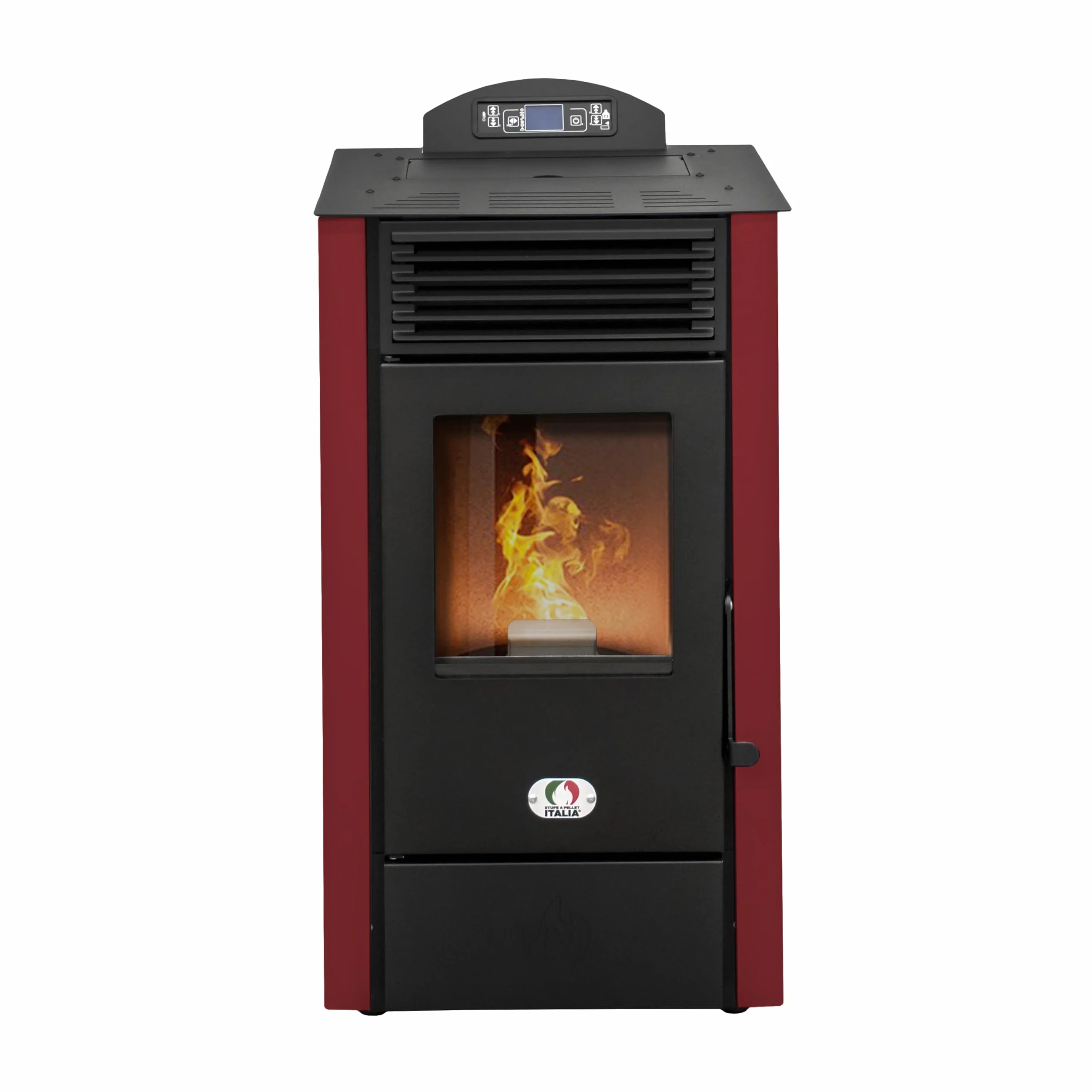 STUFE A PELLET ITALIA SRL - California 8 kW piec na pellet, wentylowany, ogrzewanie do 60 m2, 5 poziomów mocy, 5 prędkości wentylacji, programowalny, czerwony