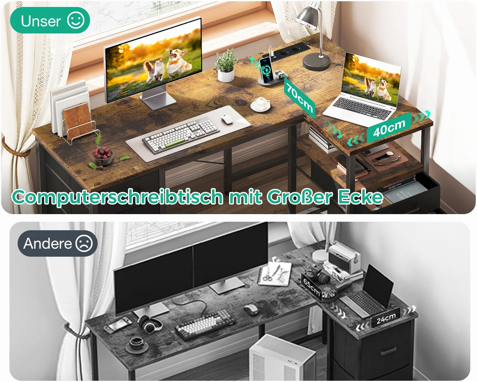 Coleshome Odwracalne Biurko Narożne z Szufladami z Tkaniny, 140x80cm Biurko w Kształcie L z Szufladą na Dokumenty, Biurko Komputerowe z Portem Ładowania USB i Gniazdkiem Elektrycznym (Brązowy)