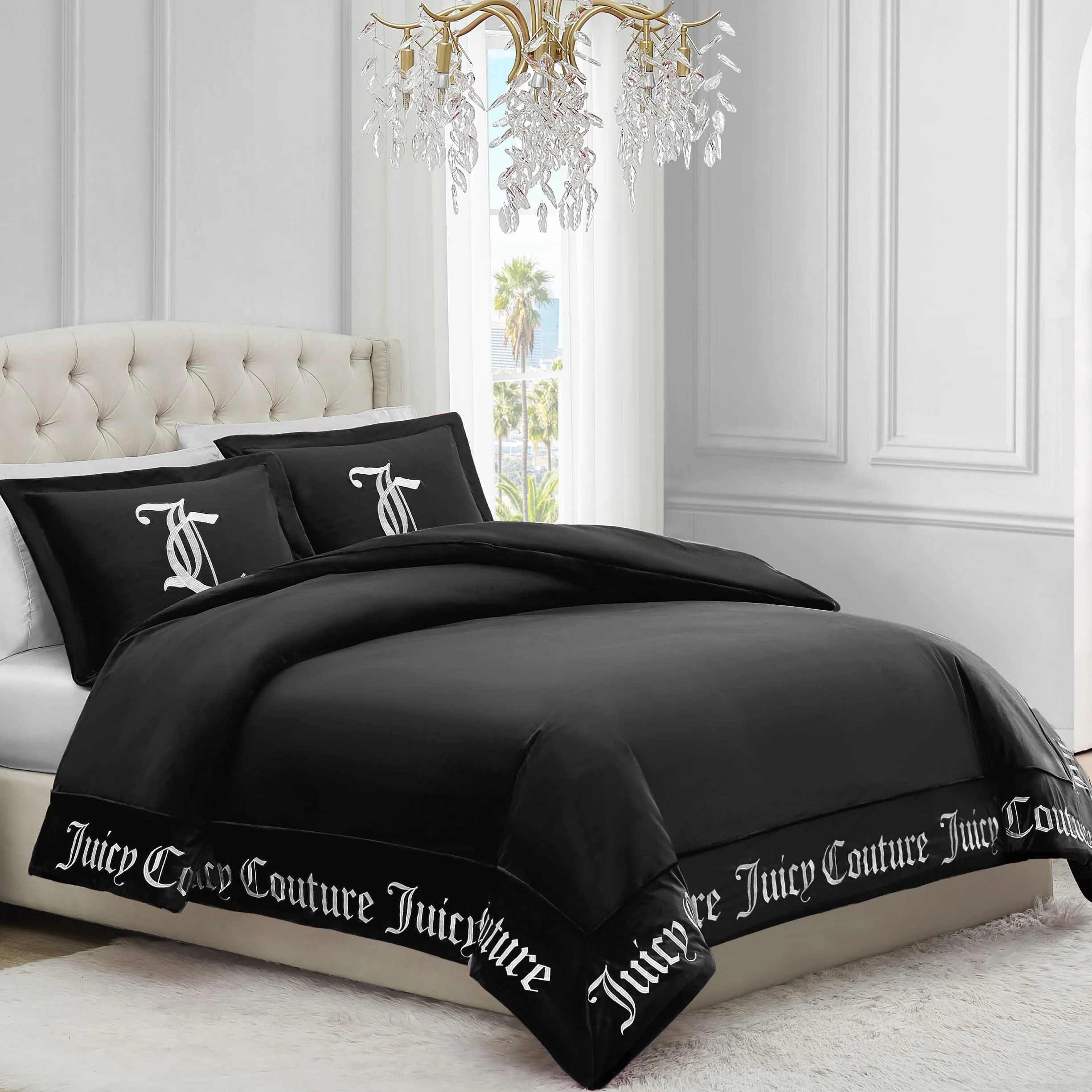 Juicy Couture 2-częściowy zestaw pościeli Twin/Twin XL w stylu gotyckim, zawiera 1 poszwę na kołdrę 228 x 173 cm i 1 poszewkę 50 x 66 cm, odporne na zagniecenia, wystrój sypialni premium, czarny