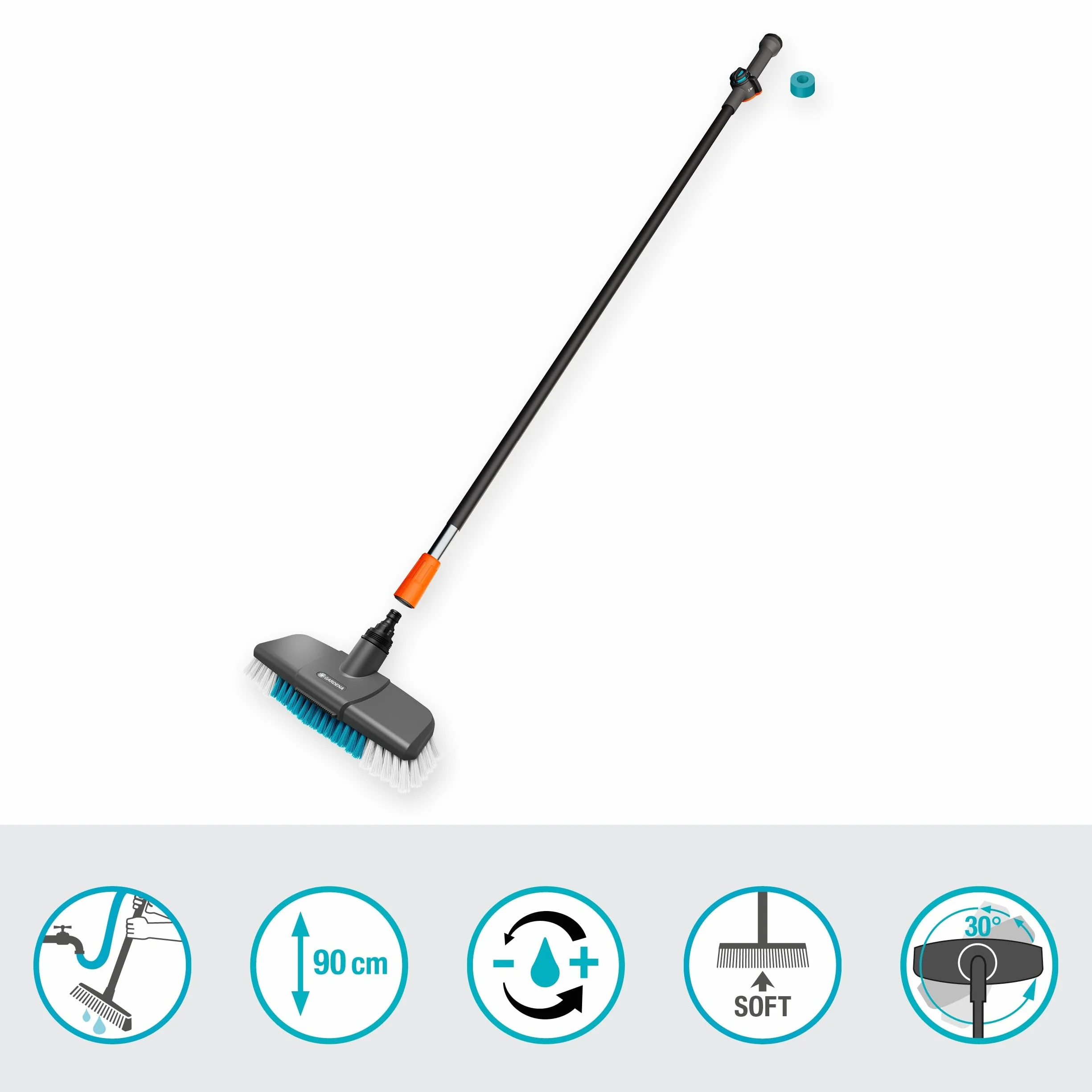 Gardena Zestaw do mycia Cleansystem z trzonkiem S 90 cm i szczotką do soft: praktyczny zestaw do mycia, do czyszczenia na mokro wrażliwych powierzchni, tabletki czyszczące (18826-20)