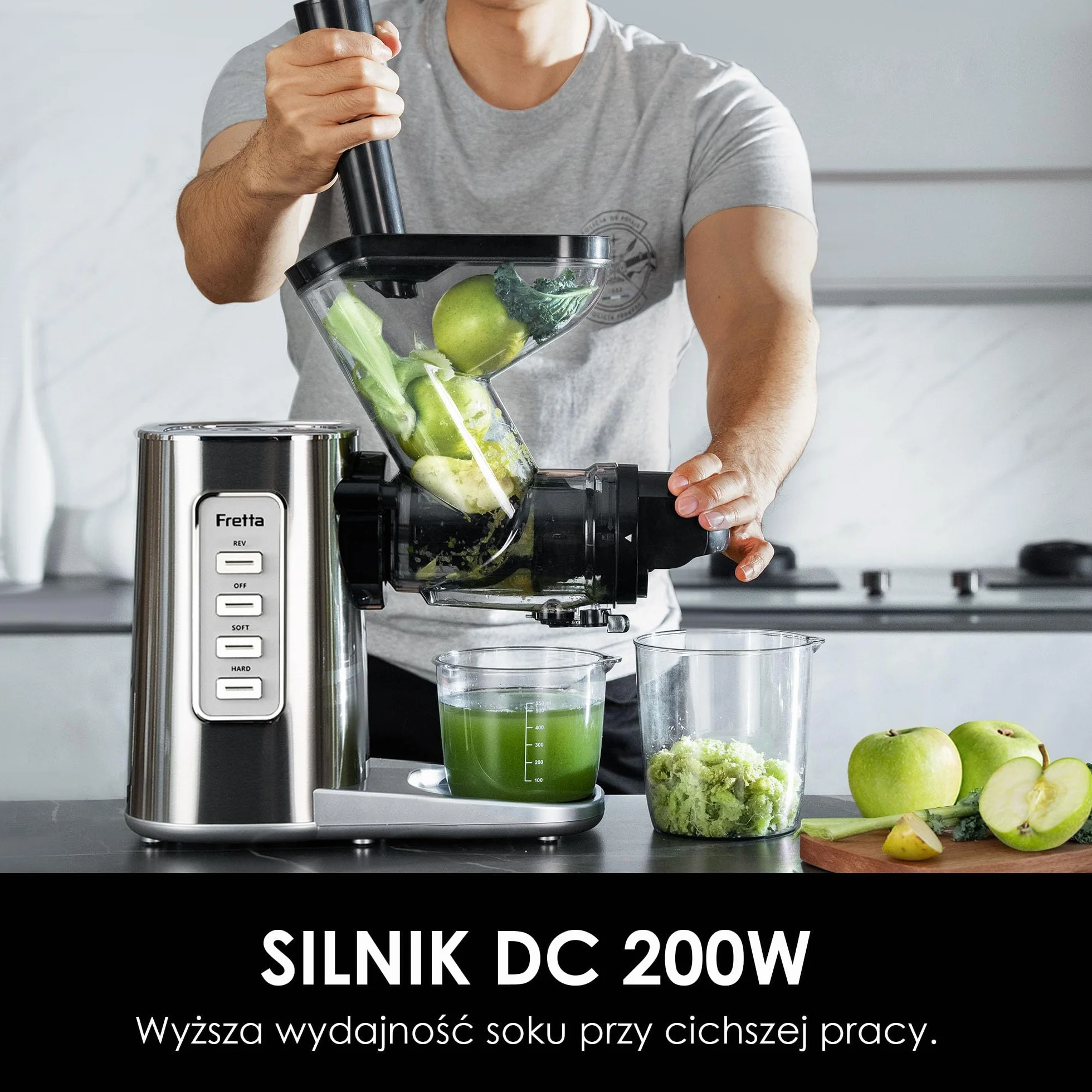 Fretta Wyciskarka Wolnoobrotowa Cold Press Stal Nierdzewna 200W Szeroki Otwór 76mm Bez BPA