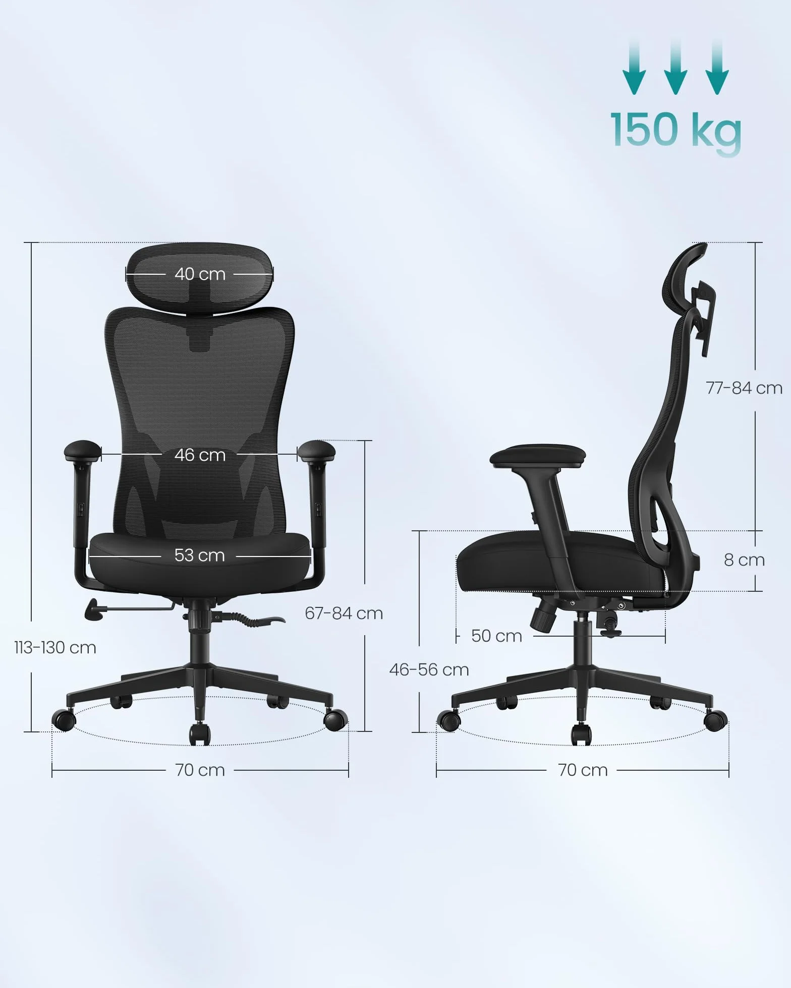 SONGMICS Ergonomiczne krzesło biurowe, krzesło komputerowe, regulowane podparcie lędźwiowe i zagłówek, nośność 150 kg, regulacja wysokości, czarny atrament OBN066BH02