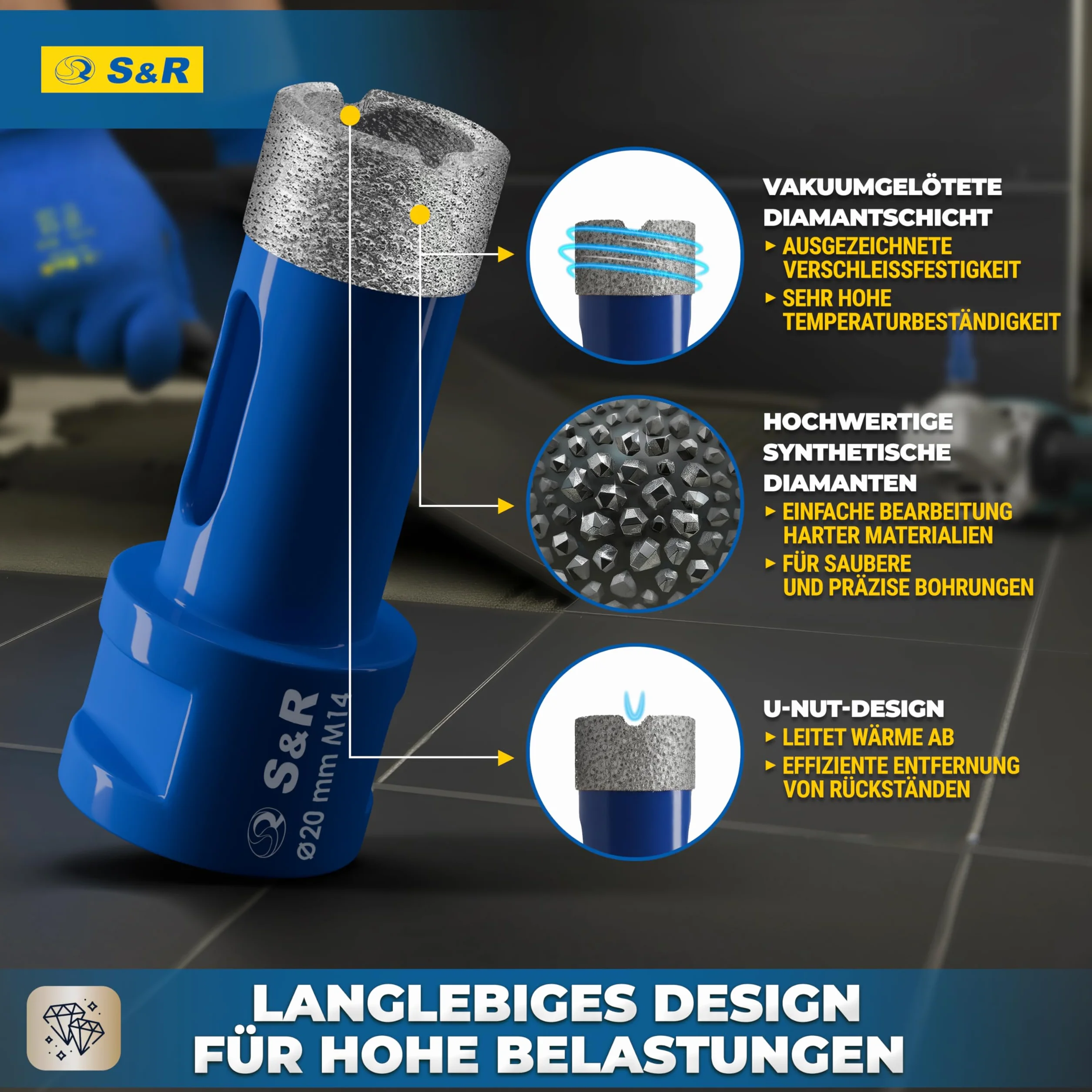 S&R Profesjonalne diamentowe wiertło do płytek 20 mm, otwornica do płytek, gwint M14, diamentowe wiertło, płytki, lutowana próżniowo koronka wiertnicza, szlifierka kątowa do ceramiki, gresu, granitu