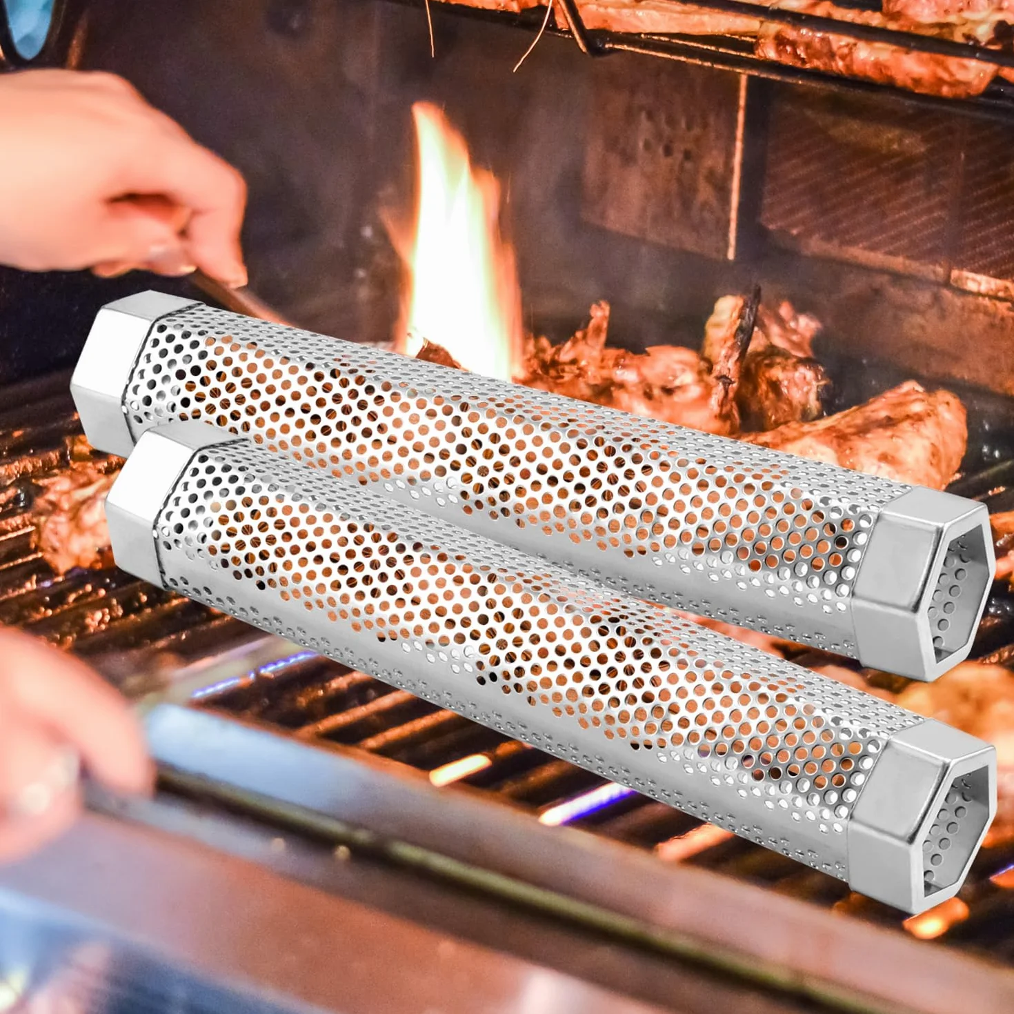 QWORK 30 cm rura wędzarnicza ze stali nierdzewnej do grilla na pelety, sześciokątna rura wędzarnicza premium do wszystkich grilli, wędzenia na gorąco/zimno, grillowanie na węgiel drzewny