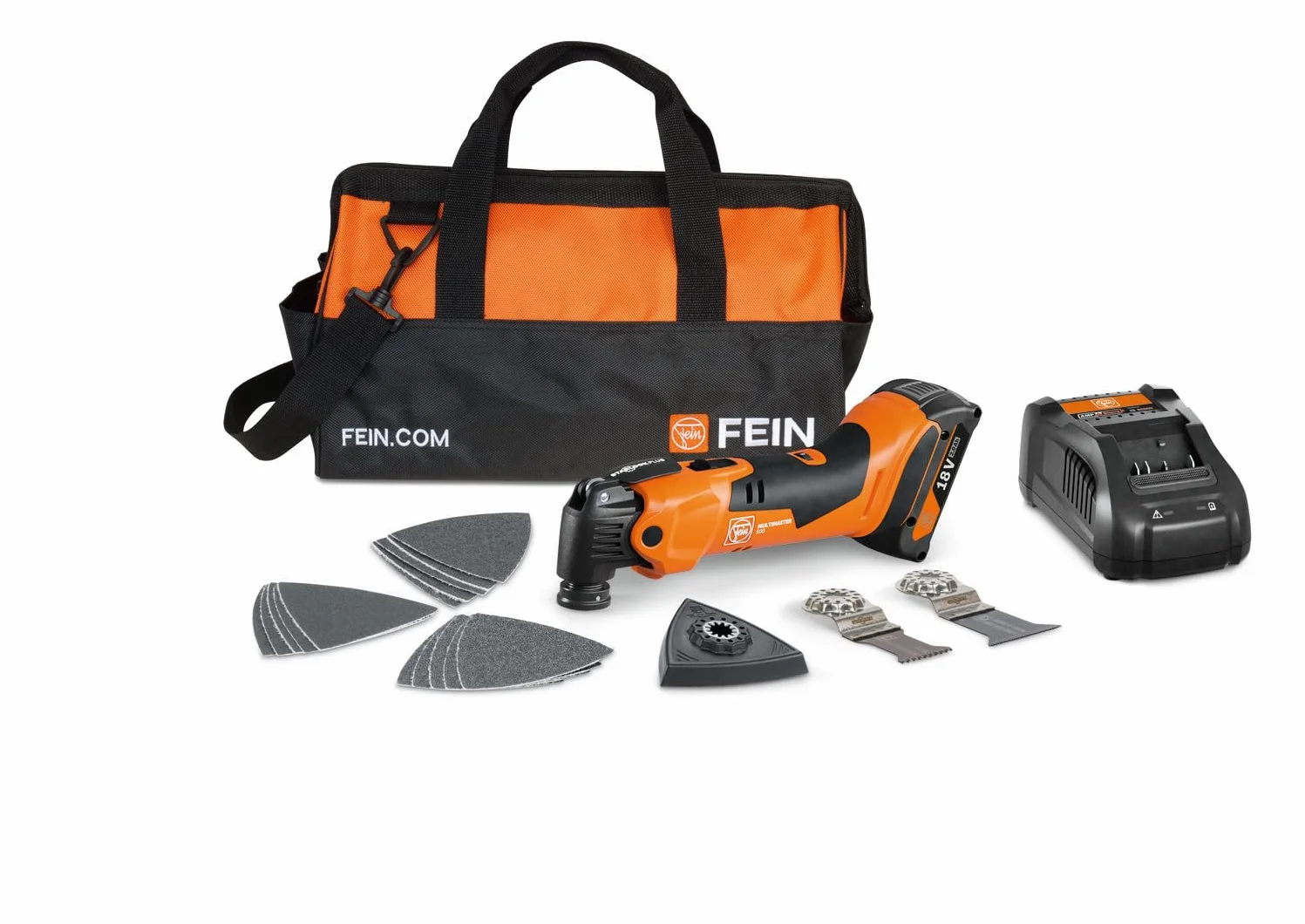 FEIN Multimaster AMM 500 Plus 2,0 Ah NYLON BAG EDITION, zestaw 18 akcesoriów. Kompatybilny z akumulatorami AMPShare lub Bosch Professional 18 V, z akumulatorem 18 V/2 Ah i ładowarką do szybkiego