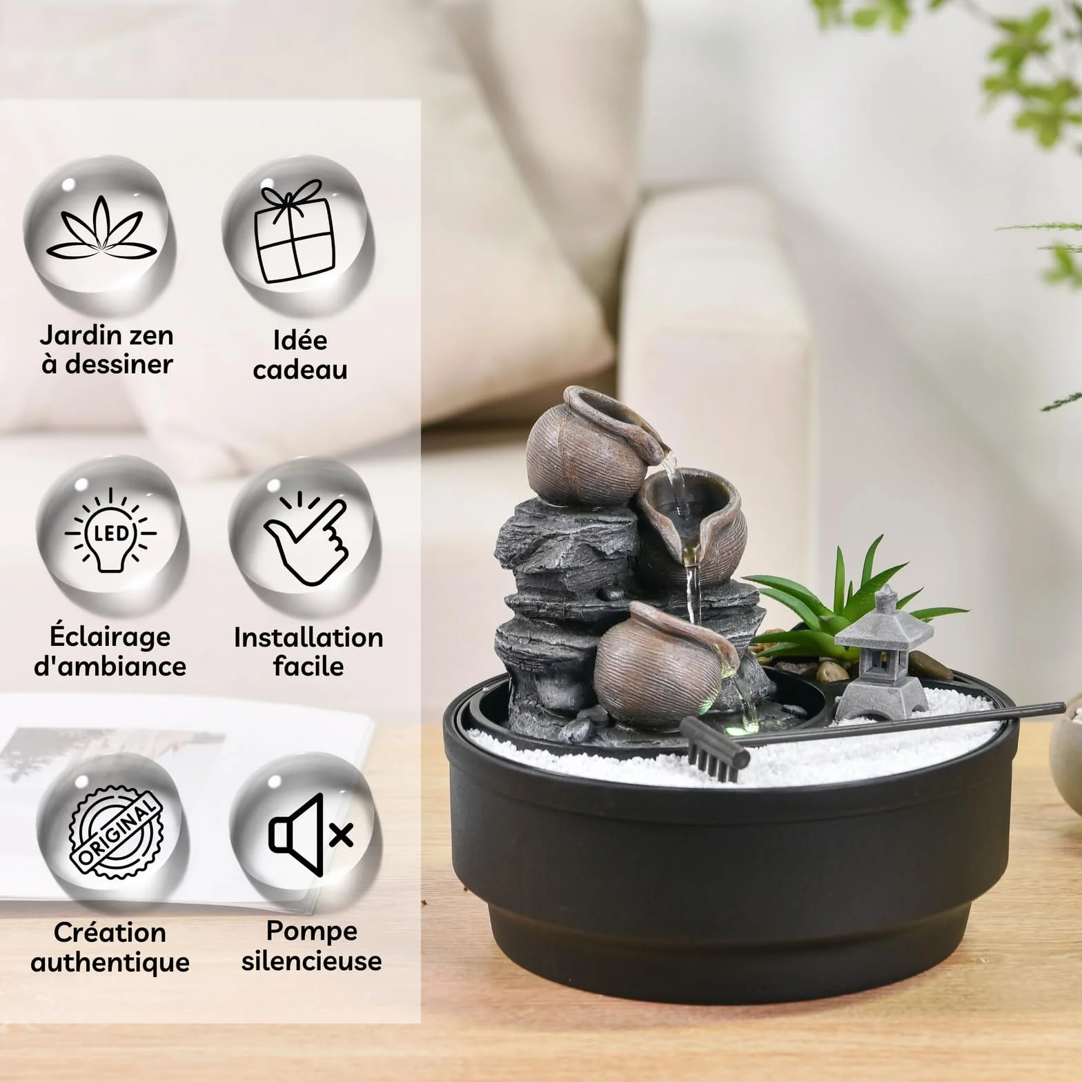 Fontanna ogrodowa Zen, fontanna wodospadowa, kolorowe światło LED, relaksująca dekoracja nastrojowa, ogród Zen biały piasek, fontanna stołowa zamknięta obwód, H21 cm - Oasis Zen'Light