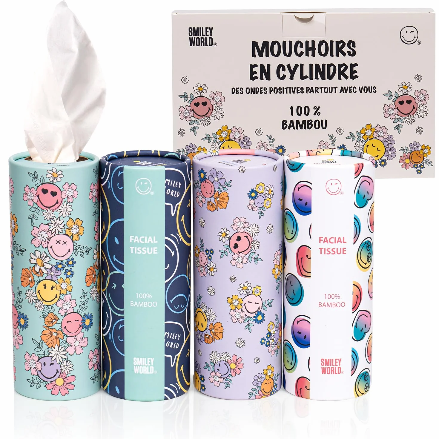 100% bambusowy cylinder na chusteczki - Smiley World Design - przenośny do samochodu, domu, plecaka, fotelika dziecięcego, szkoły - ekologiczne chusteczki biodegradowalne (4)