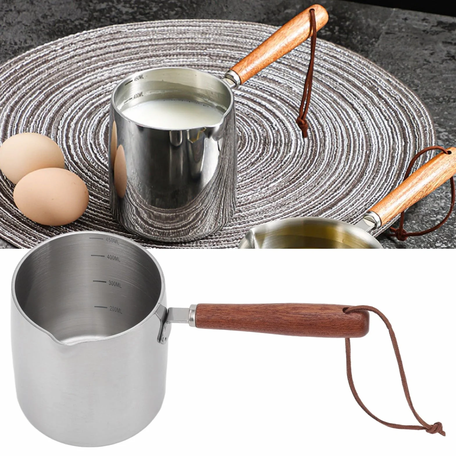 Mini Podgrzewacz do Masła ze Stali Nierdzewnej 450ML - Mała Patelnia do Sosu z Drewnianą Rączką