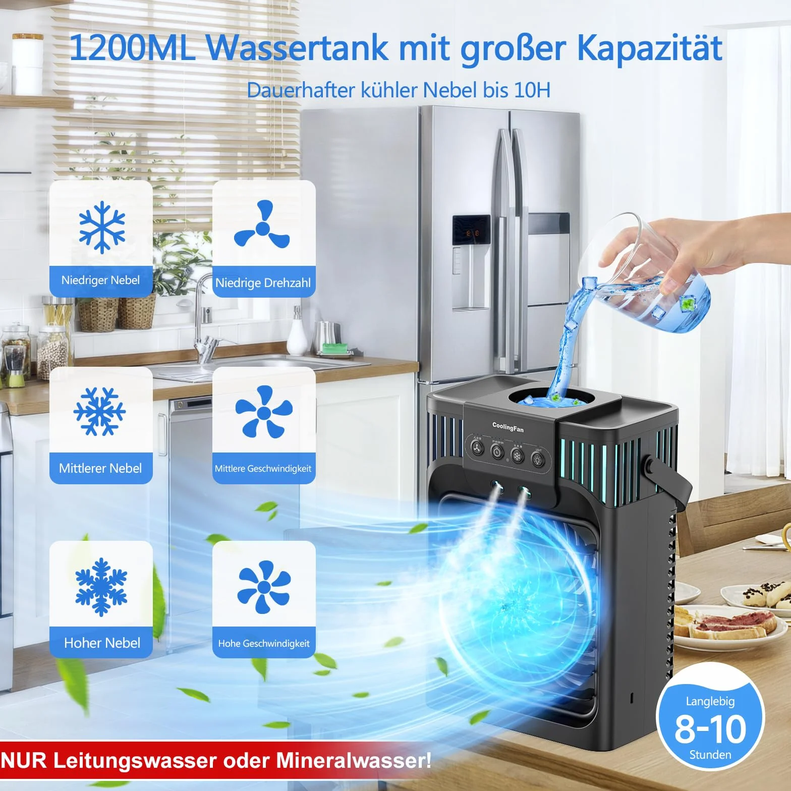 Mobilny klimatyzator 1200 ml z pilotem 3 prędkości 3 mgiełki chłodzące timer 2-8 h LED cichy