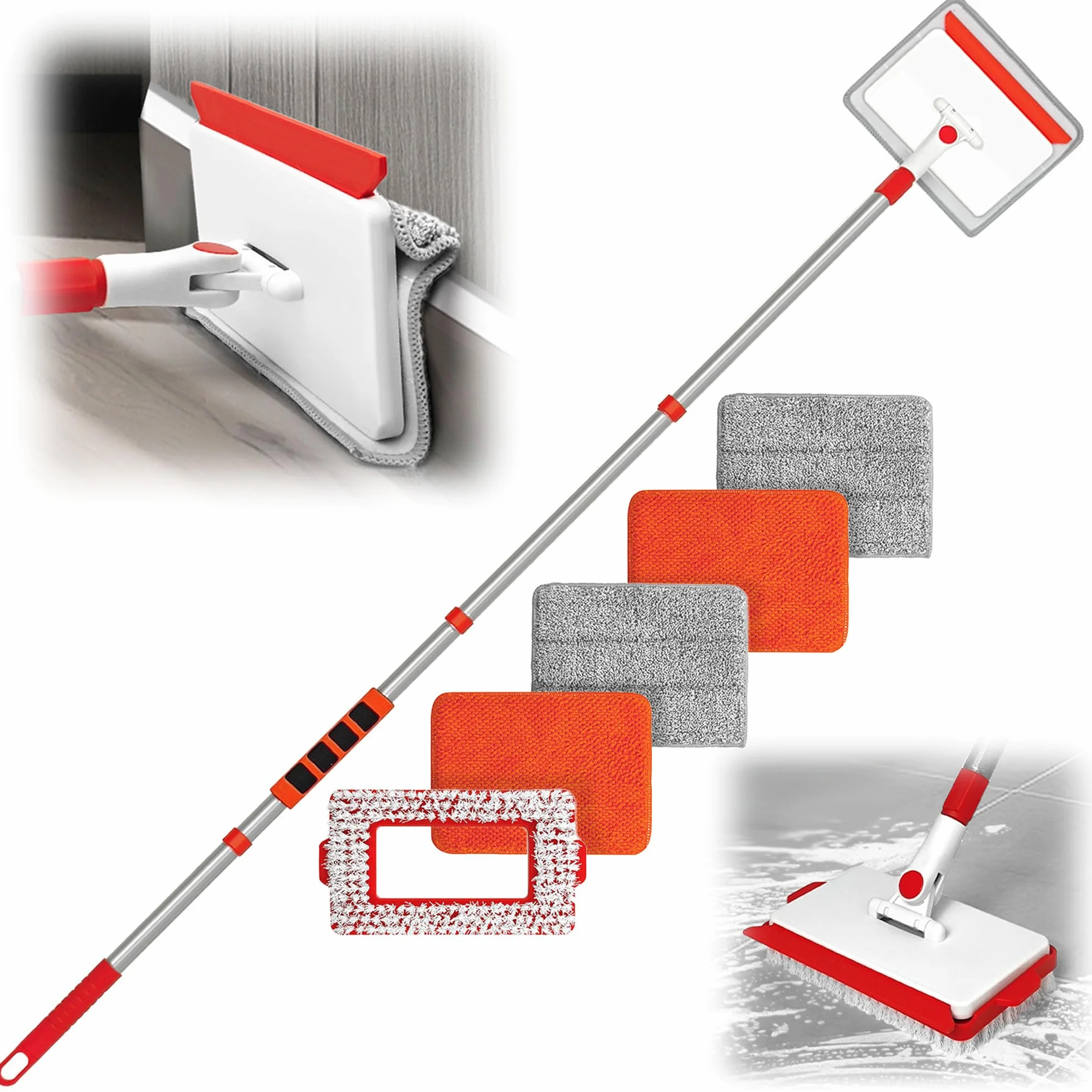 JEHONN Mop podłogowy z długim uchwytem 142 cm, narzędzie do czyszczenia chodaków z uchwytem, 1 szczotka z twardym włosiem, 2 podkładki szenilowe i 2 x mikrofibra