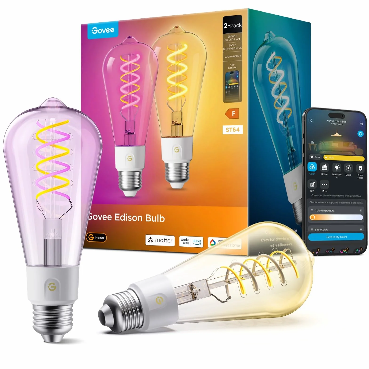Govee Żarówka Smart Edison E27, RGBWW LED lampa ST64 kompatybilna z Matter i Google Assistant, 500 lm, COB ściemniana żarówka, 16 milionów kolorów, żarówki żarowe do dekoracji vintage, 2 sztuki