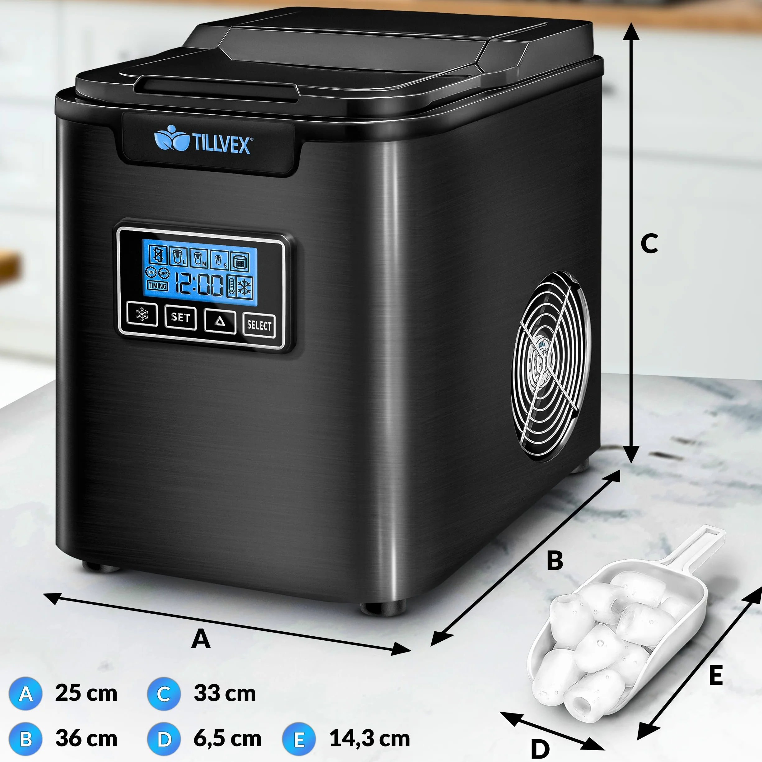 Kostkarka do lodu ze stali nierdzewnej 12 kg/24 h 2,2 l timer LCD samoczyszcząca 3 rozmiary kostek czarna
