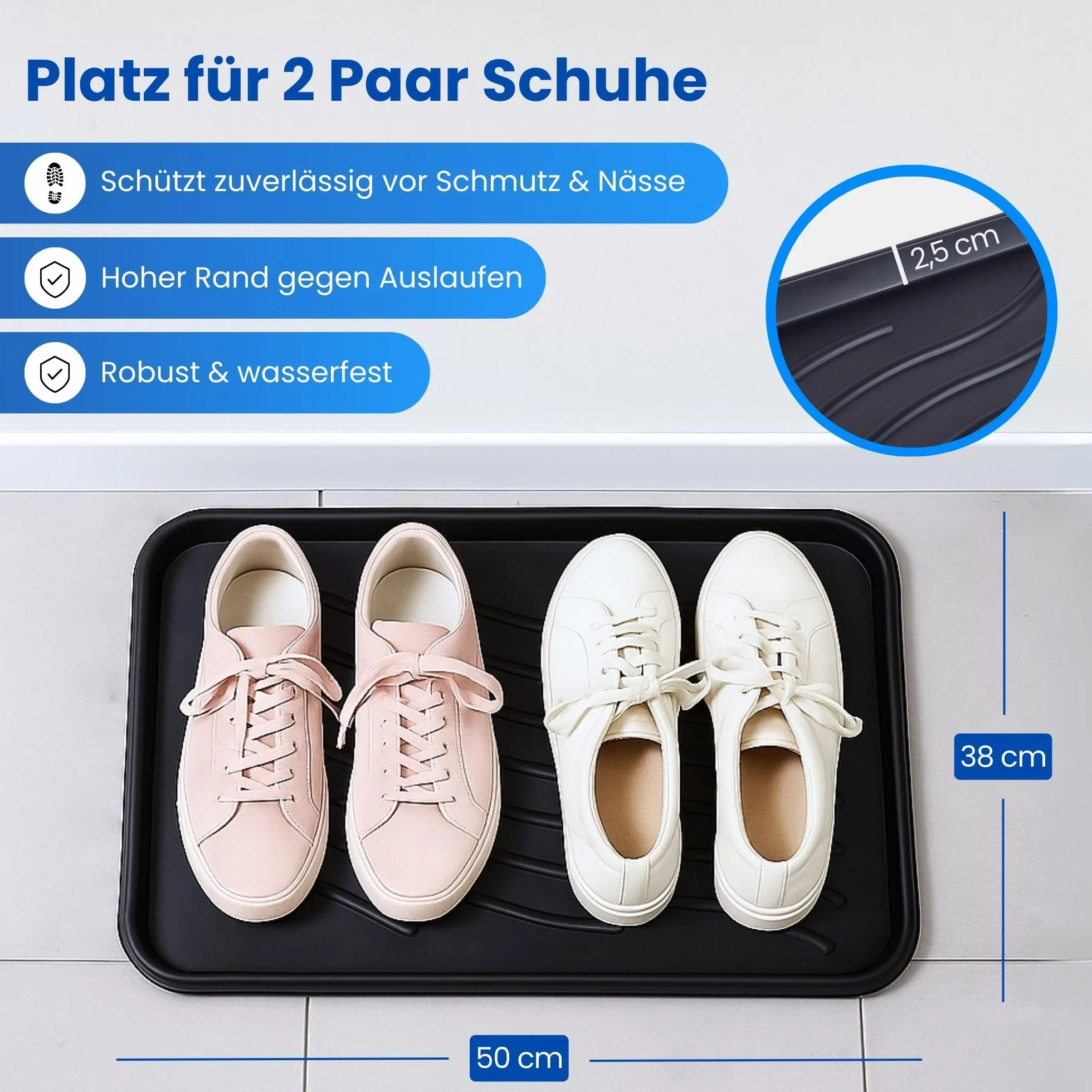 Bestlivings Tacka ociekowa na buty (2 sztuki w opakowaniu – beżowa) mata na buty z wysoką krawędzią (50 x 38 x 2,5 cm) – podkładka ociekowa, mata na buty do domu i ogrodu – wodoszczelna