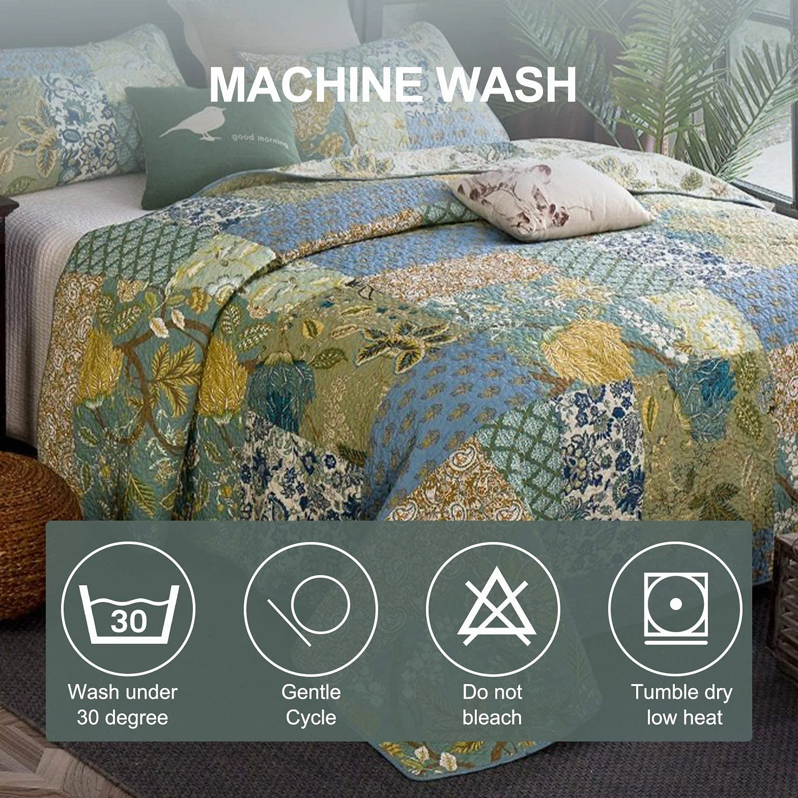 Qucover Pikowany koc patchworkowy Double 100% bawełna, retro, szykowny, wzorowany na paisley, kwiatowy, patchworkowy koc na łóżko 230x230 cm, kołdry z 2 poszewkami na poduszki