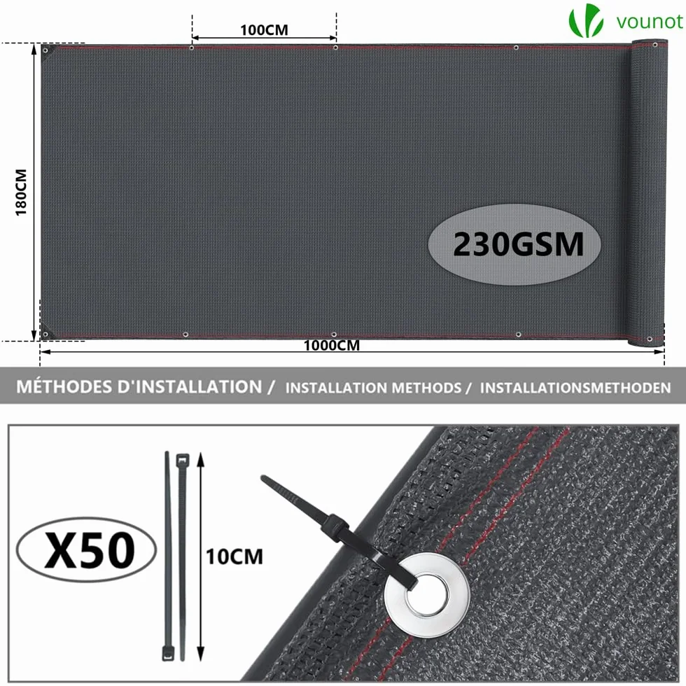 VOUNOT® Siatka maskująca 1,8 × 10 m, siatka zacieniająca HDPE, 95%, odporna na działanie promieni UV, odporna na rozdarcie, ogrodzenie z otworami i opaskami kablowymi, antracytowa