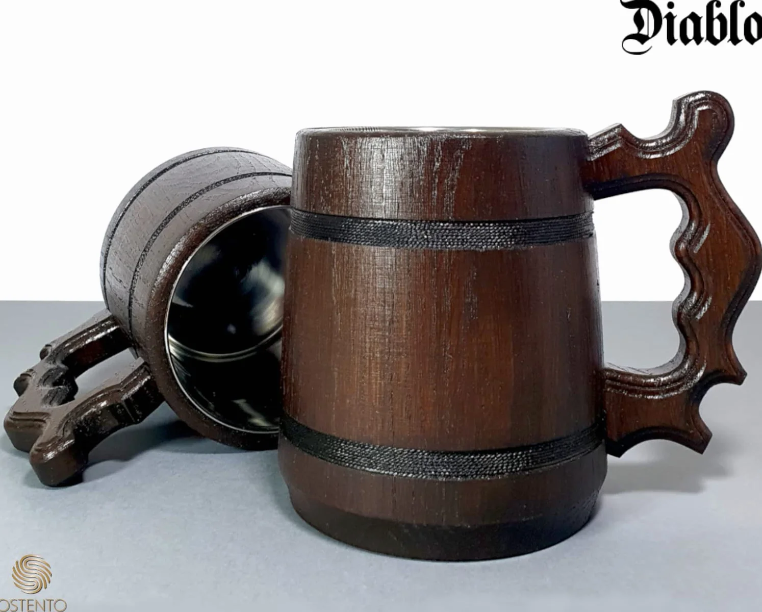Drewniany Kufel do Piwa 500 ml z Dębu i Stali Nierdzewnej, Duży Kubek na Napoje, Made in UE (Diablo)
