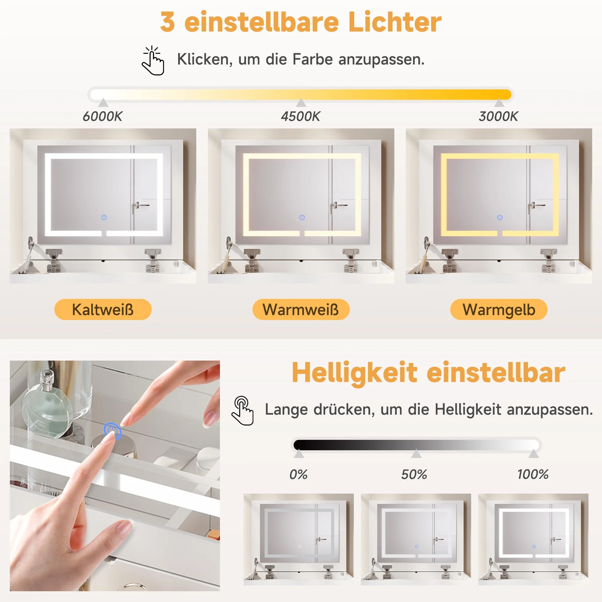 SONNI Toaletka 3 w 1 ze składanym lustrem, oświetlenie LED, widoczny szklany blat, toaletka z 4 szufladami, taboret z 4 uniwersalnymi rolkami, toaletka do sypialni, biała, 60 x 45 x 83 cm