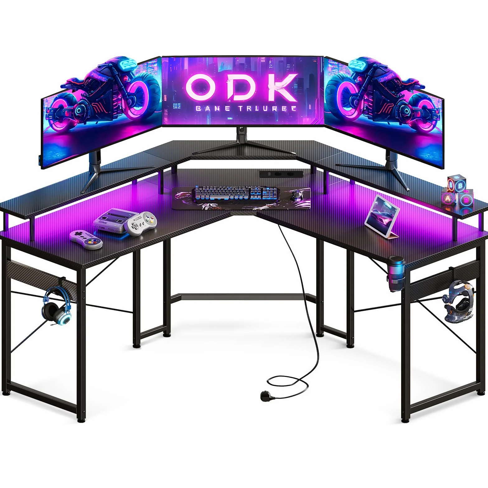 ODK Biurko gamingowy z diodami LED, biurko gamingowe z 2 gniazdami wtykowymi i 2 portami ładowania USB, stolik gamingowy z dużą półką na monitor, czarne włókno węglowe, 129 x 129 cm