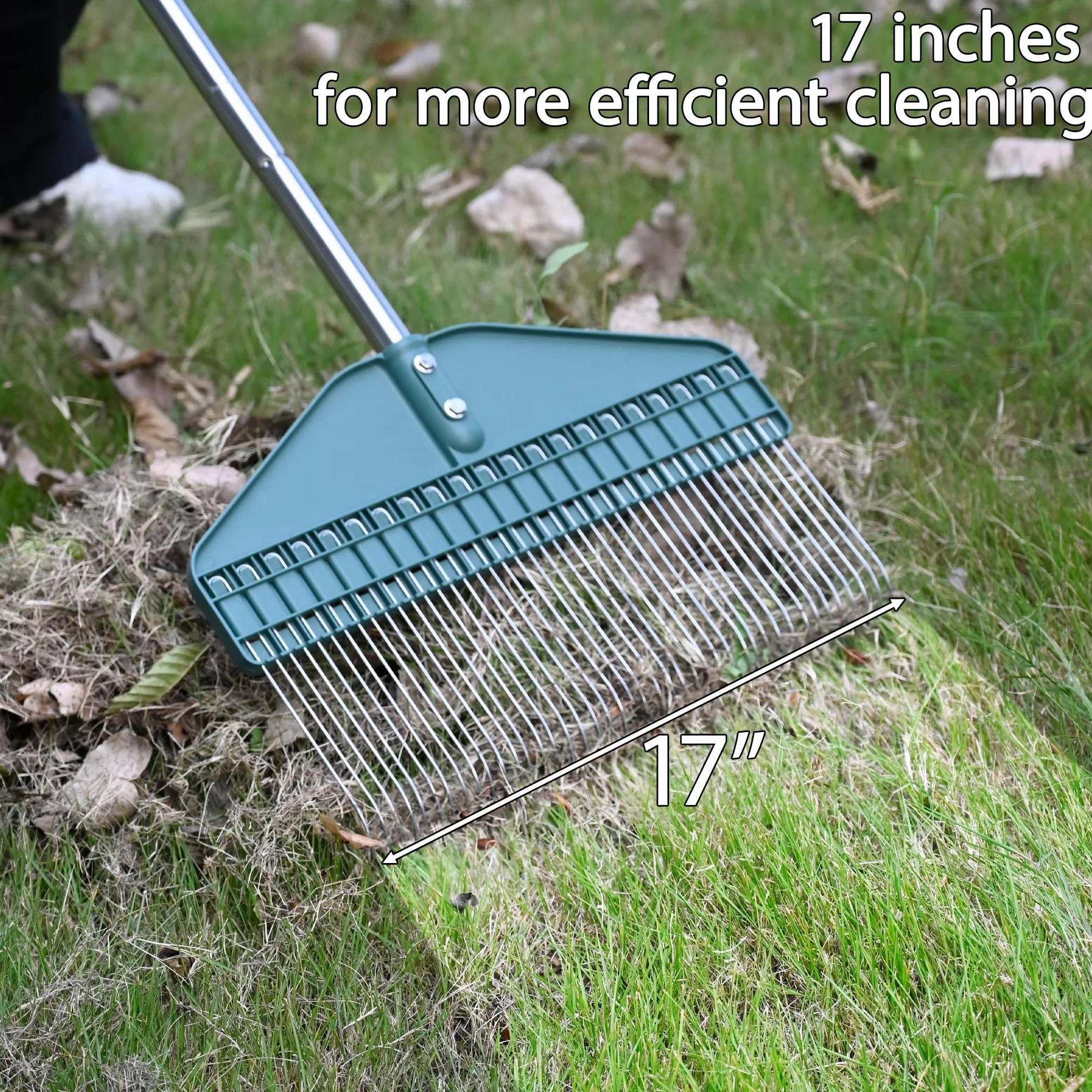 YEELOR Grabie do trawnika, grabie na liście, grabie ogrodowe z główką 43 cm, uchwyt ze stali nierdzewnej 168 cm, na podwórko, trawnik, krzew, grządki ogrodowe, domek dla drobiu