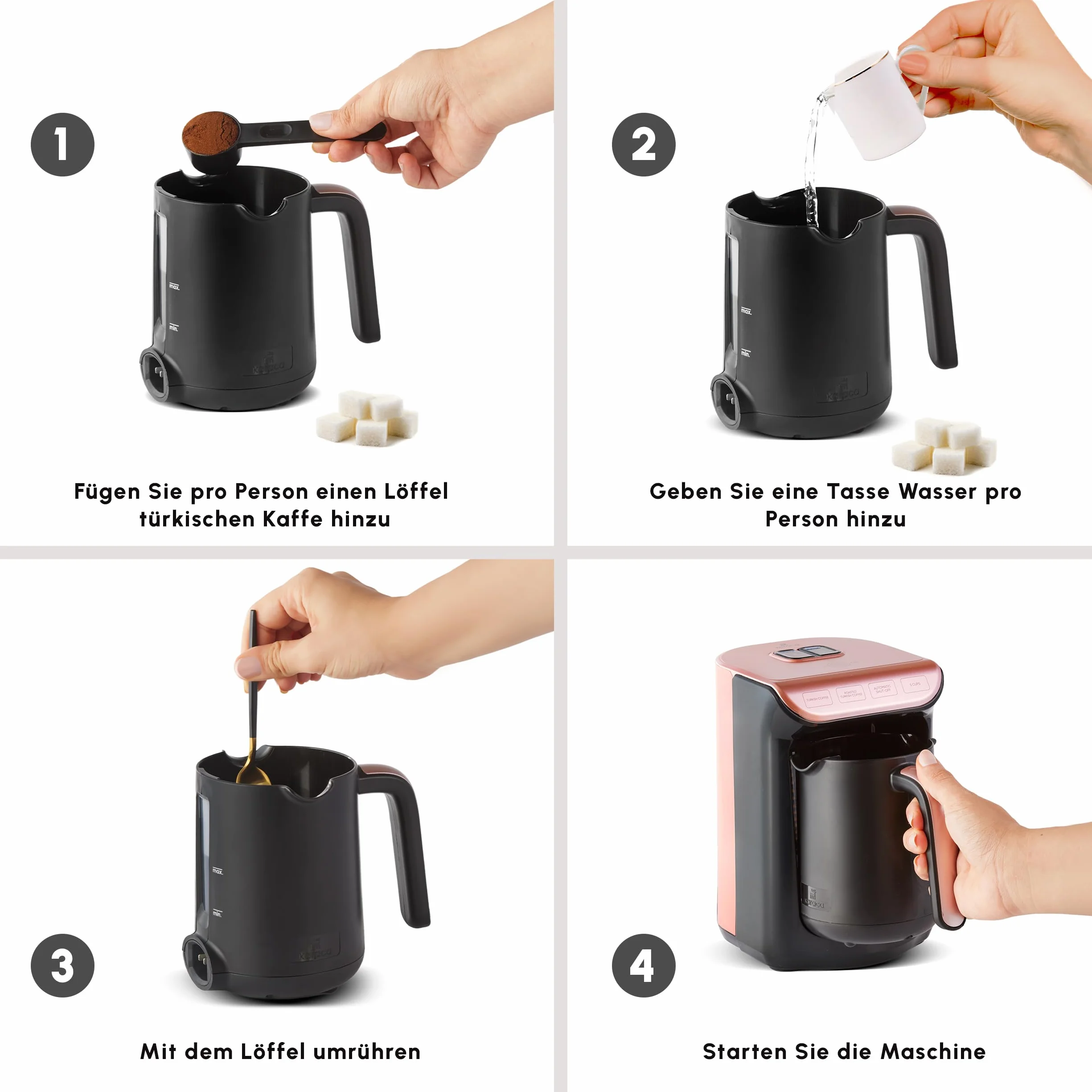 KARACA Hatır Roast turecki ekspres do kawy w kolorze różowego złota, pojemność 5 filiżanek, duża ilość piany, 535 W, system ostrzegania głosowego, system ostrzegania przed światłem, miarka, łatwe