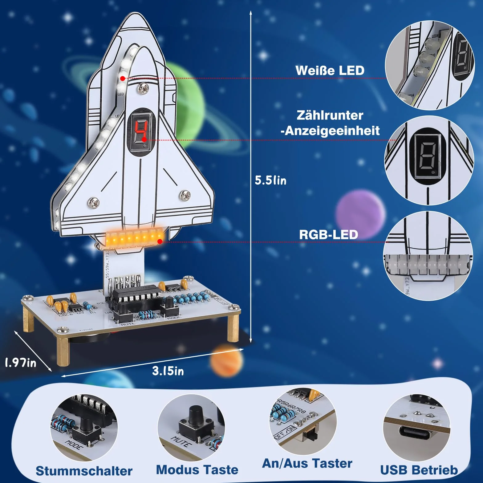 PEMENOL Zestaw do lutowania Rocket dla dorosłych, zestaw do montażu elektroniki z czterema efektami świetlnymi, odliczaniem i efektami dźwiękowymi, nauka lutowania, elektroniczny prezent na Halloween