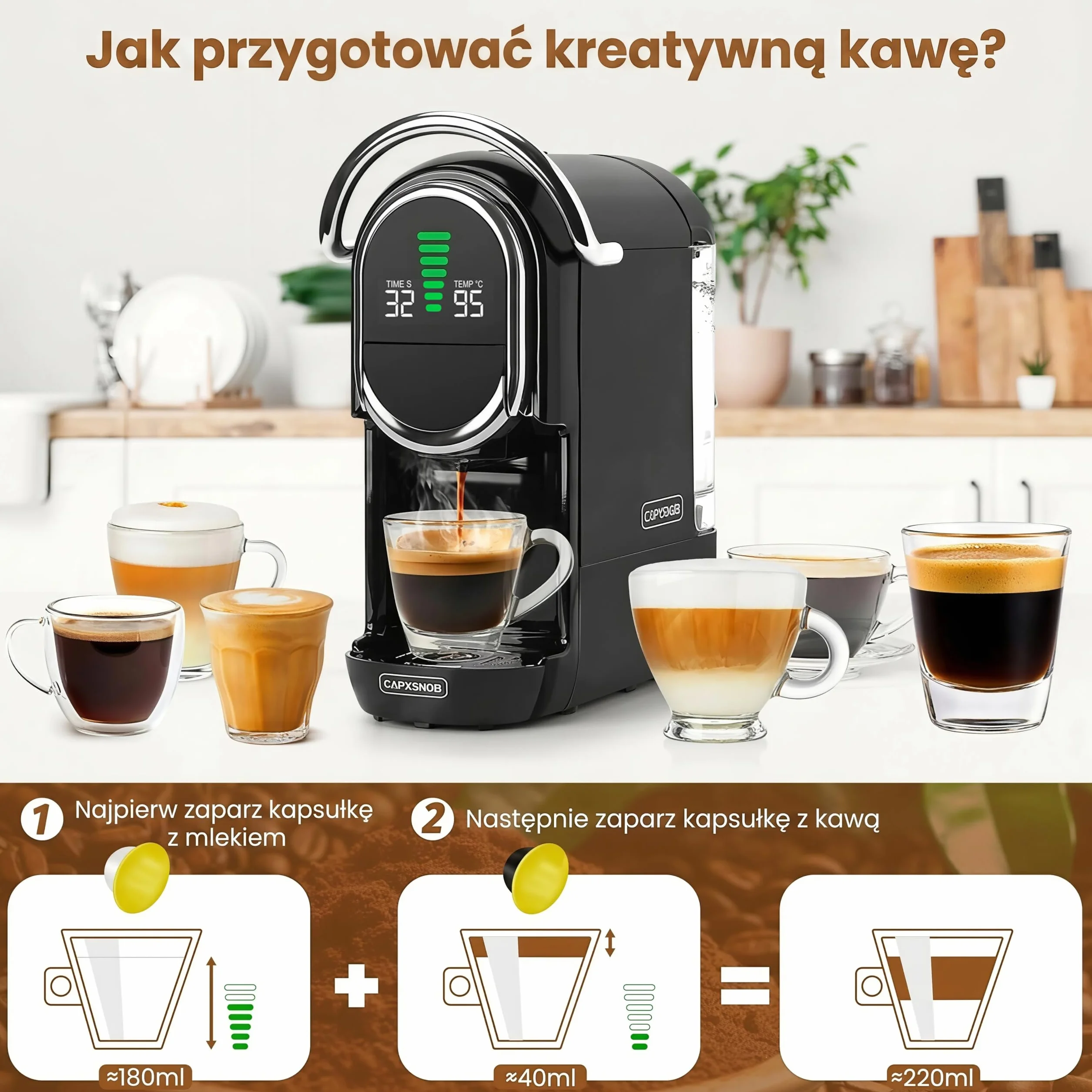 Magician1 Mini Multikapsułkowy Ekspres do kawy 5 w 1, do Nespresso, Dolce Gusto, Lavazza A Modo Mio, Saszetki ESE 44mm i Kawy Mielonej, 20 Barów Włoska Pompa,1450W, Wyświetlacz LED, do Domu i Biura