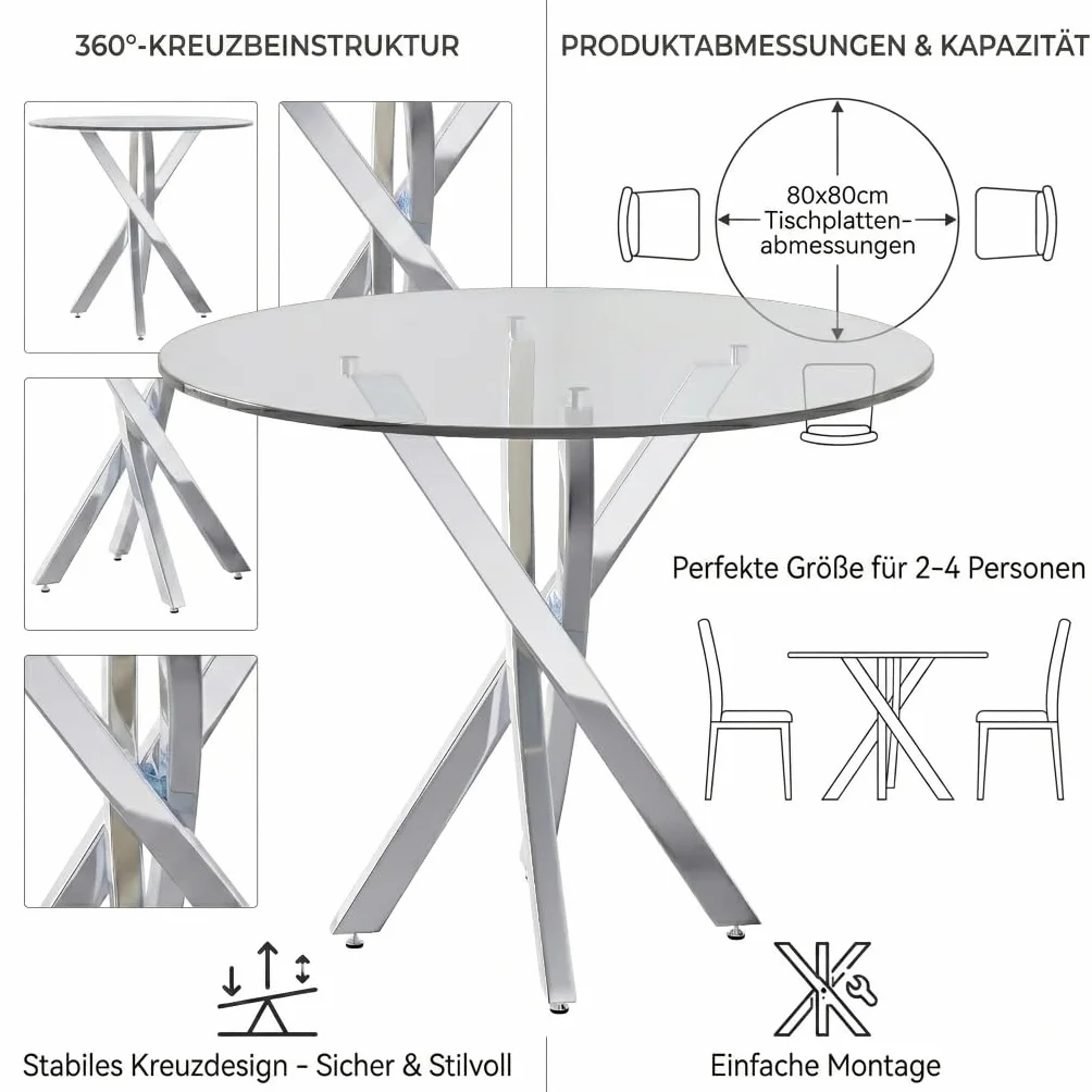 Rozsuwany stół do jadalni, nowoczesny, prosty, czarny, owalny stół do jadalni, okrągły, 1 dodatkowy blat, długość 100/140 x szerokość 100 x wysokość 75 cm (srebrny szklany stół)