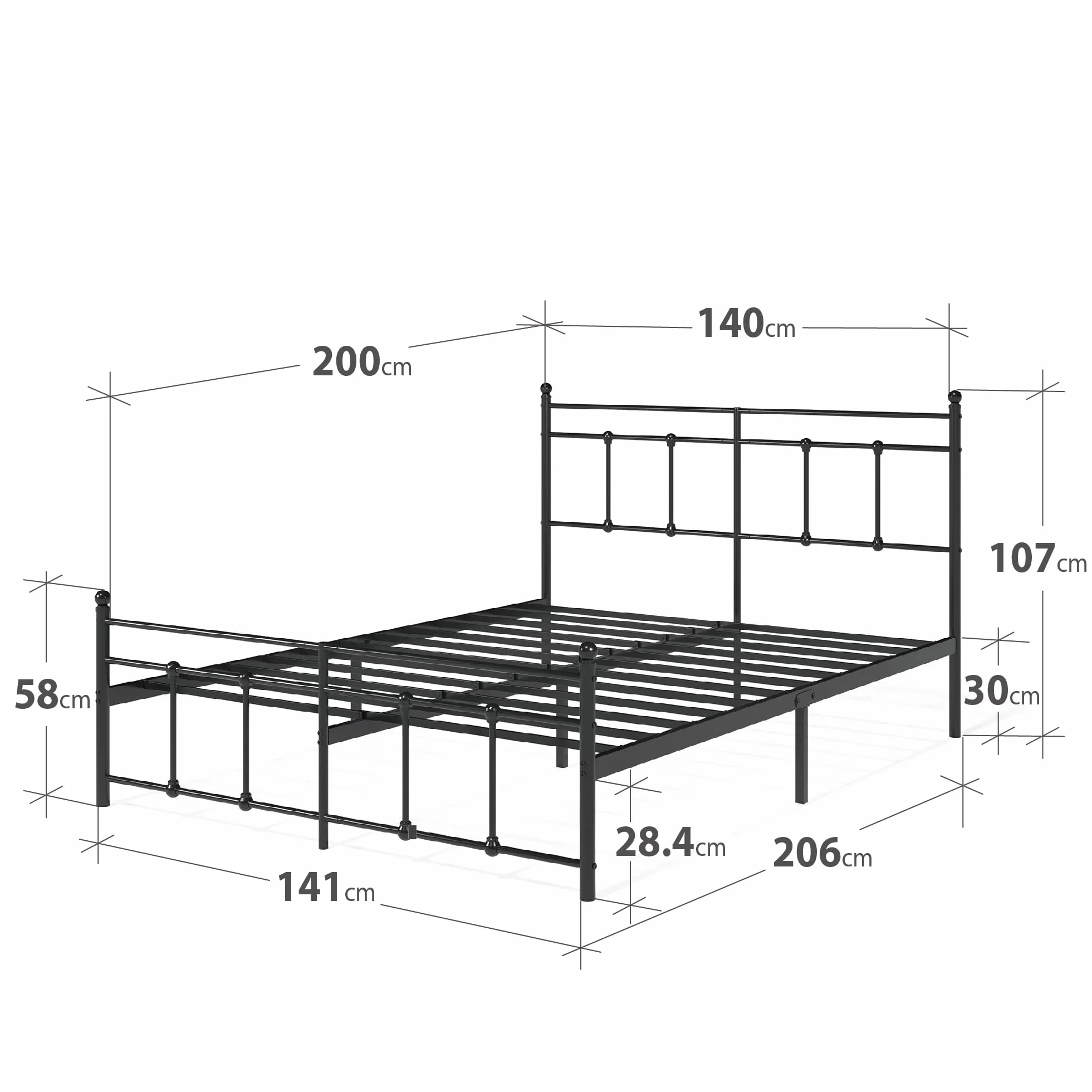 Zinus Nicholas łóżko 140 x 200 cm – wysokość 31 cm z miejscem do przechowywania pod łóżkiem – metalowa rama łóżka platformowego z zagłówkiem i podnóżkiem – czarne