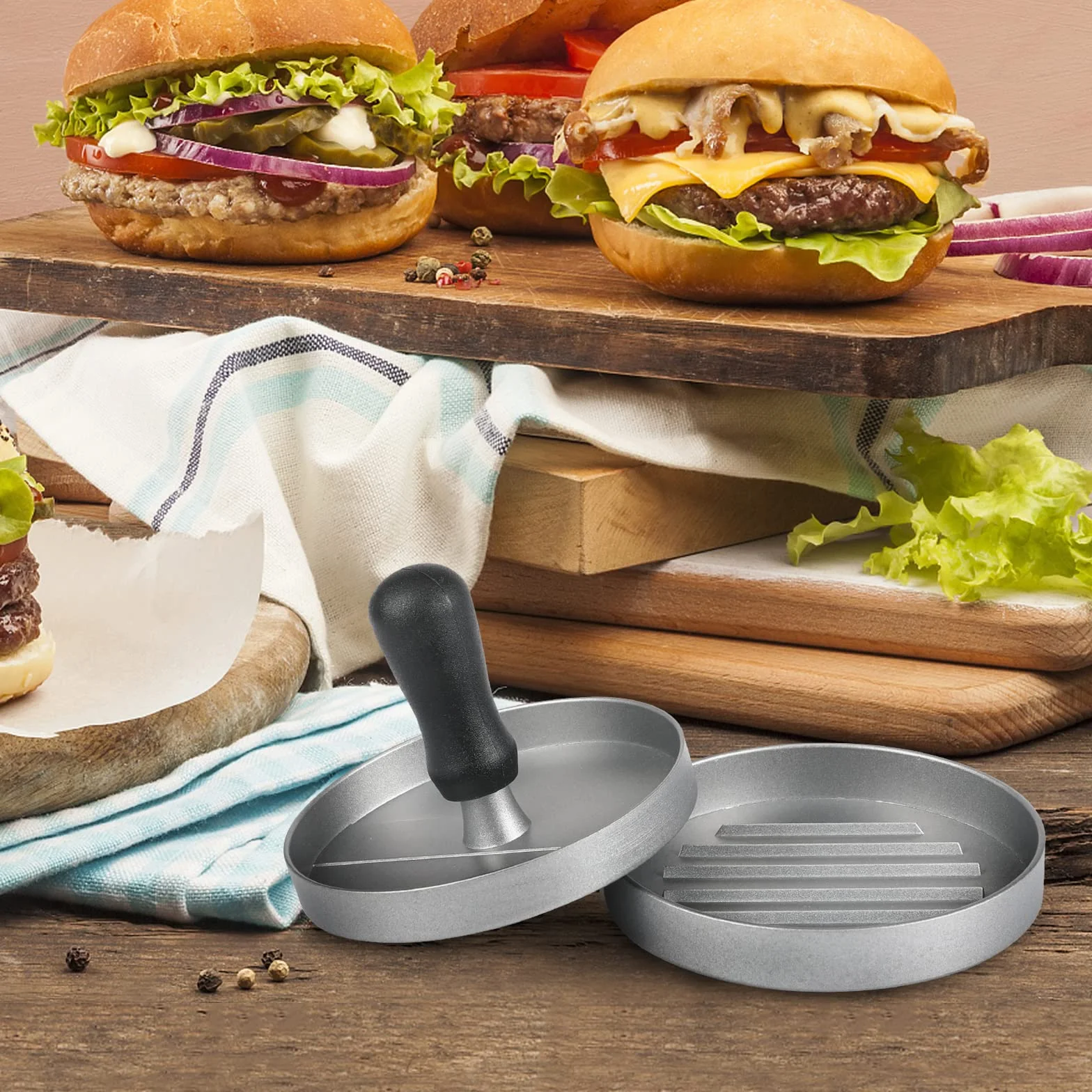Prasa do burgerów i 100 arkuszy papieru woskowego, nieprzywierający maker do kotletów hamburgerowych do produkcji Quarter Lb lub dużych nadziewanych burgerów kieszonkowych o wadze 1/3 funta, aluminium