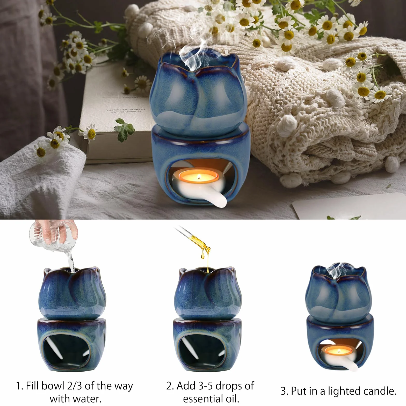HENGBIRD Lampa zapachowa do olejków eterycznych z łyżeczką do świec i linią świec, lampa zapachowa podgrzewacza, podgrzewacz do olejków zapachowych, ceramiczna, dekoracyjna lampa zapachowa do domu
