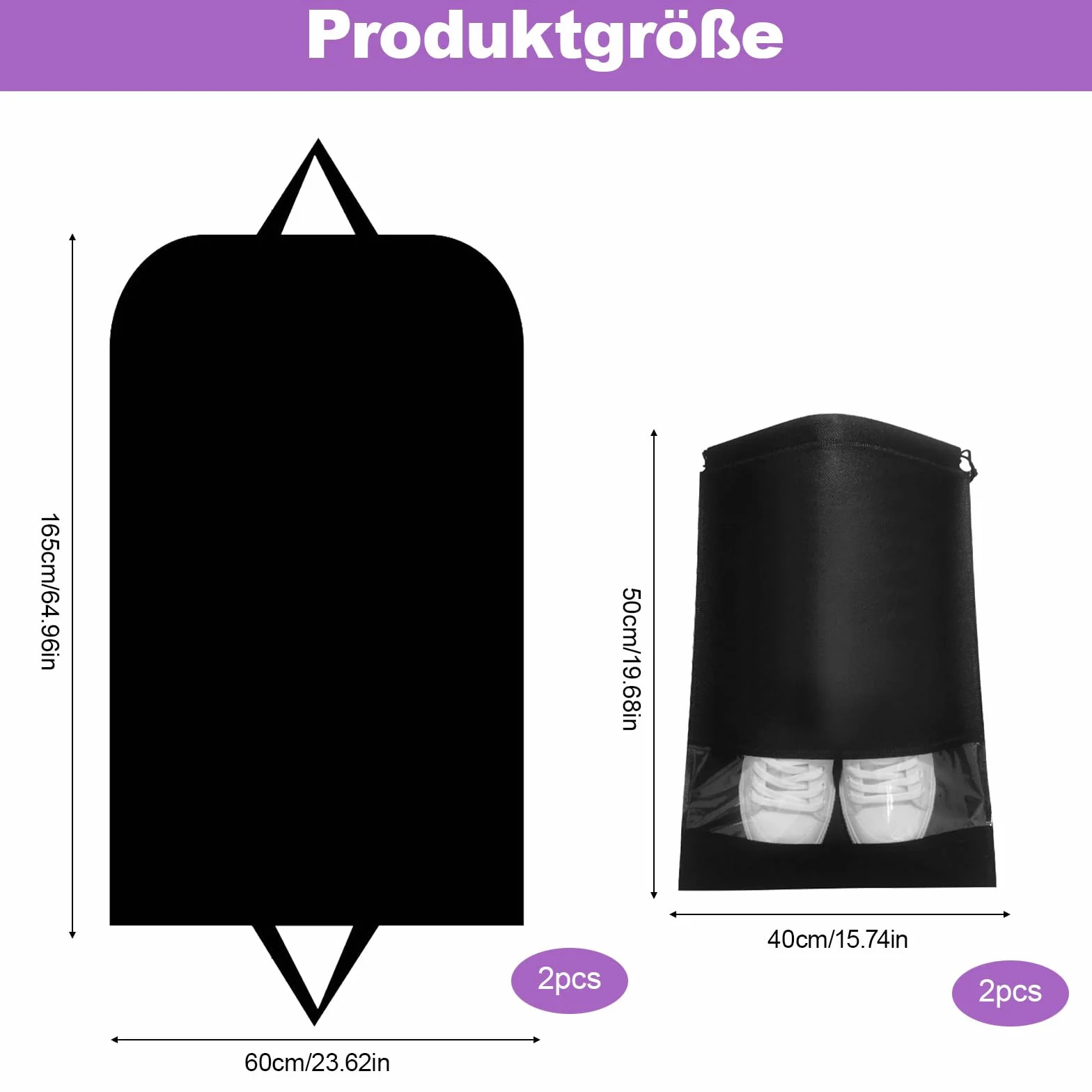 2 sztuki worków na ubrania z 2 workami na buty, 120 x 60 cm, pokrowiec ochronny, długi, czarny worek na ubrania z zamkiem błyskawicznym do przechowywania, pokrowiec na ubrania