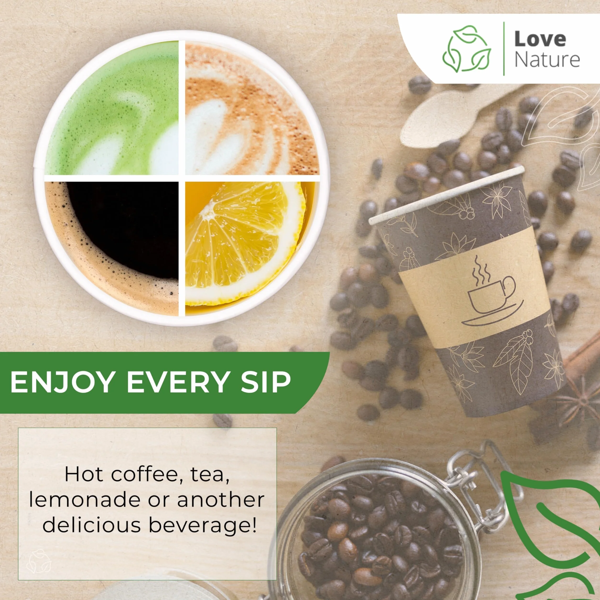 Love Nature Kubki papierowe 180ml 50 sztuk - Jednorazowe do kawy na wynos