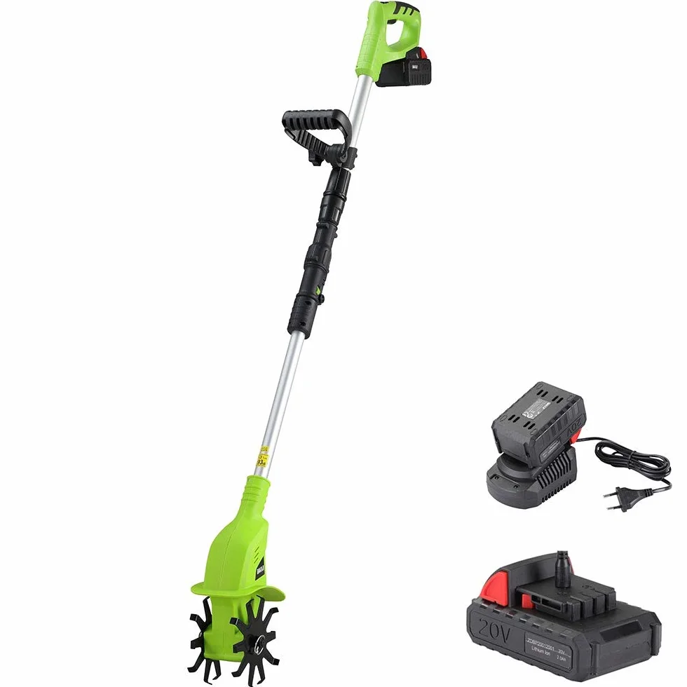 BAKAJI Elektryczna motyka ogrodowa 20 V 4000 mAh z 2 ostrzami 15 cm, szerokość robocza 10 cm, prędkość 250 obr./min, ergonomiczny uchwyt, do uprawy ogrodu