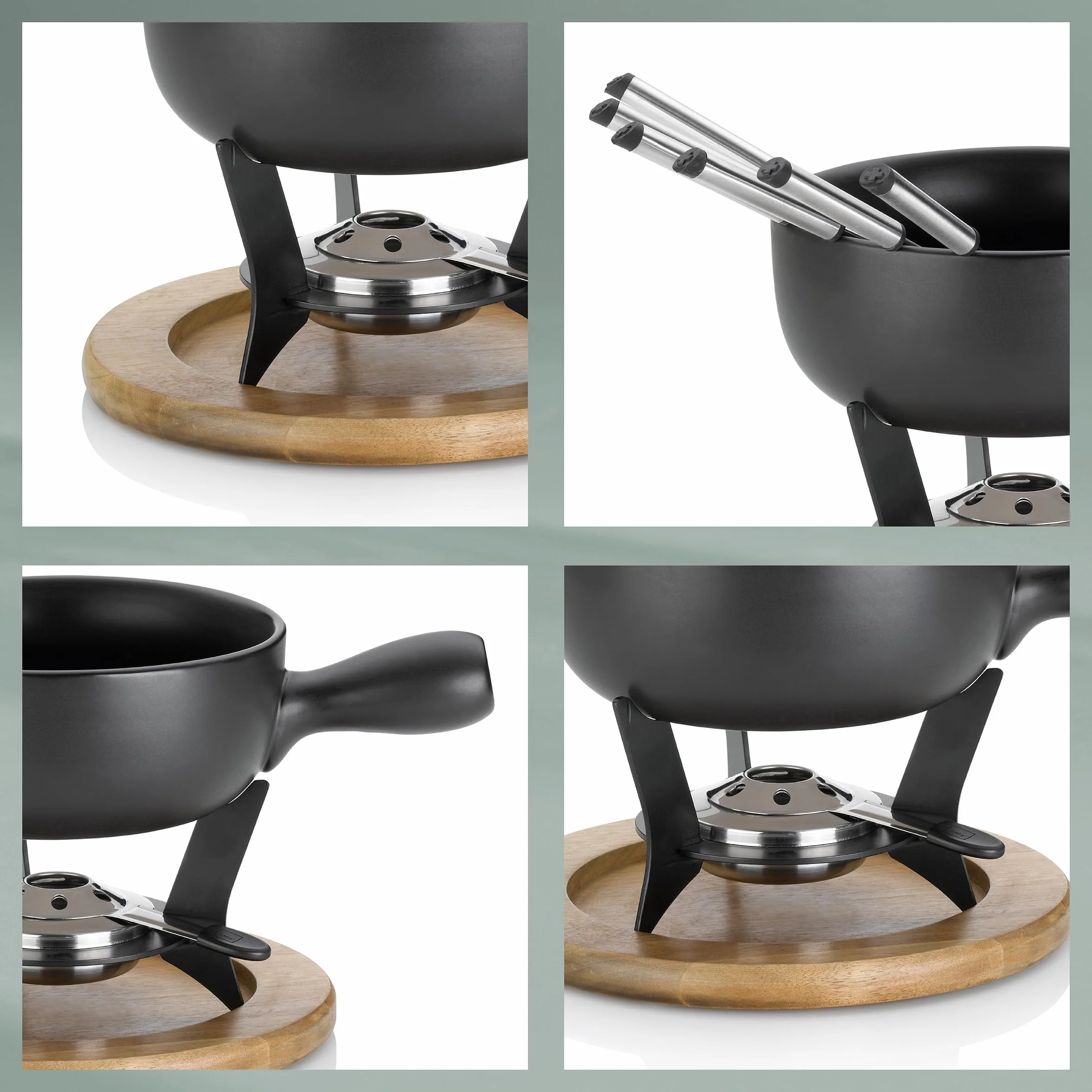 kela Country zestaw do fondue serowego, 10-częściowy, średnica 25 cm, 2 l, ceramika, czarny, ogniotrwały garnek, palnik do pasty, podstawka z drewna akacjowego, 6 widelców do fondue, 16640