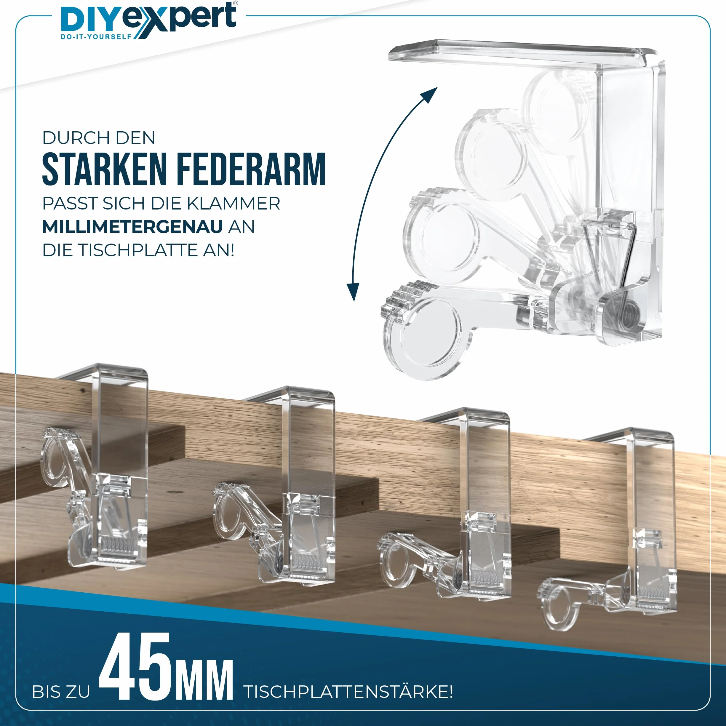 DIYexpert Przezroczyste klamry do obrusów, wyprodukowane w Niemczech, 4 sztuki, stabilne klamry do grubych stołów do 45 mm, odporne na warunki atmosferyczne i antypoślizgowe, do ogrodu, na balkon i do