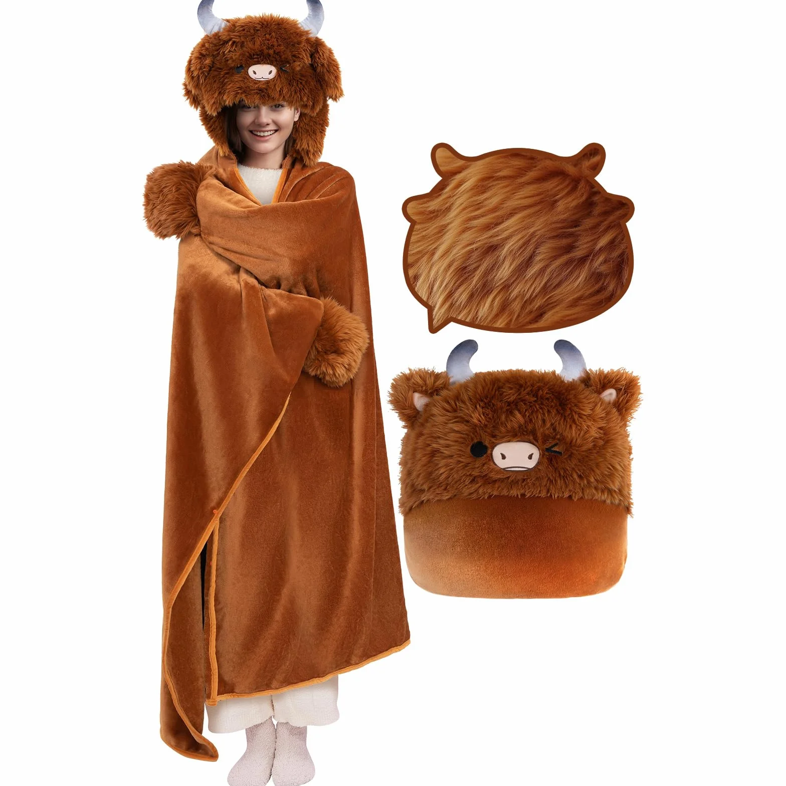 Mewaii Ponadwymiarowy koc do noszenia z kapturem, kawaii, krowa górska, miękki pluszowy koc flanelowy, bluza z kapturem, unisex, przytulny koc na prezent urodzinowy dla kobiet, dziewcząt (130 cm x 158