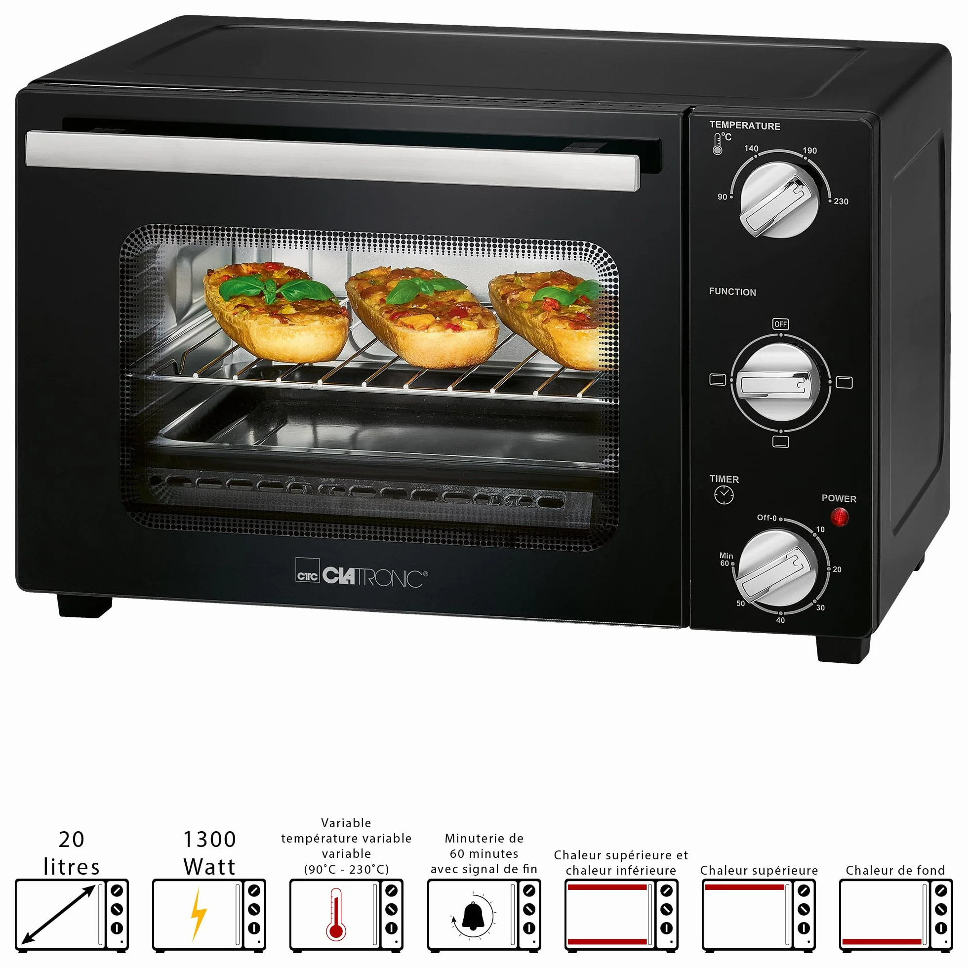 Clatronic MBG 3727 wielofunkcyjny piekarnik 25 l termoobieg grzałka górna i dolna funkcja rożna timer 60 minut czarny