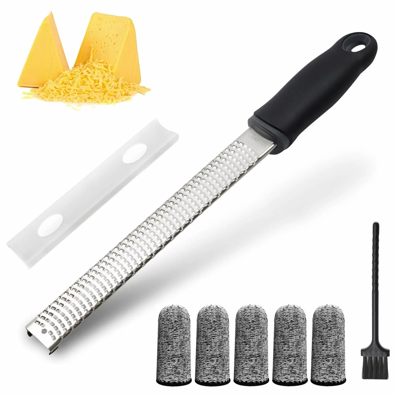 Zester tarka do sera ze stali nierdzewnej, tarka do cytryn z ochroną palców i szczotką do czyszczenia, tarka do parmezanu premium, tarka kuchenna do twardego sera, cytrusów, parmezanu