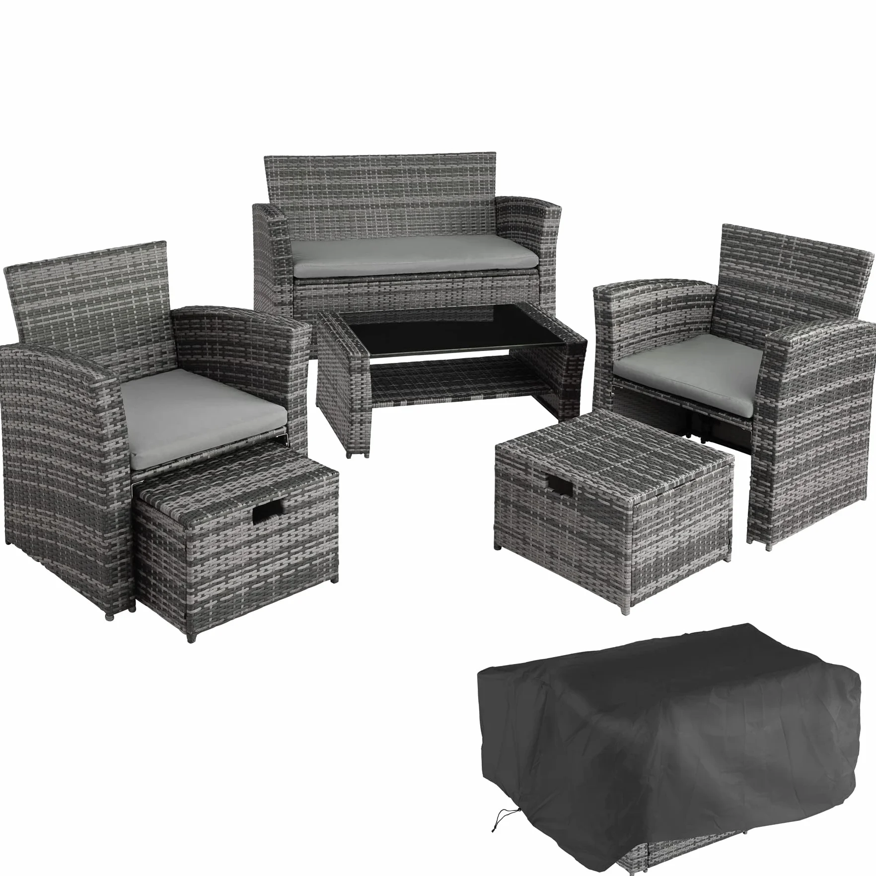 tectake® Zestaw Mebli Ogrodowych z Technorattanu Modena,Wysokiej Jakości, UV-Odporny, Wodoodporne Poduszki, Stalowa Rama, Stół ze Szkła Hartowanego, Przestronny Schowek - szary