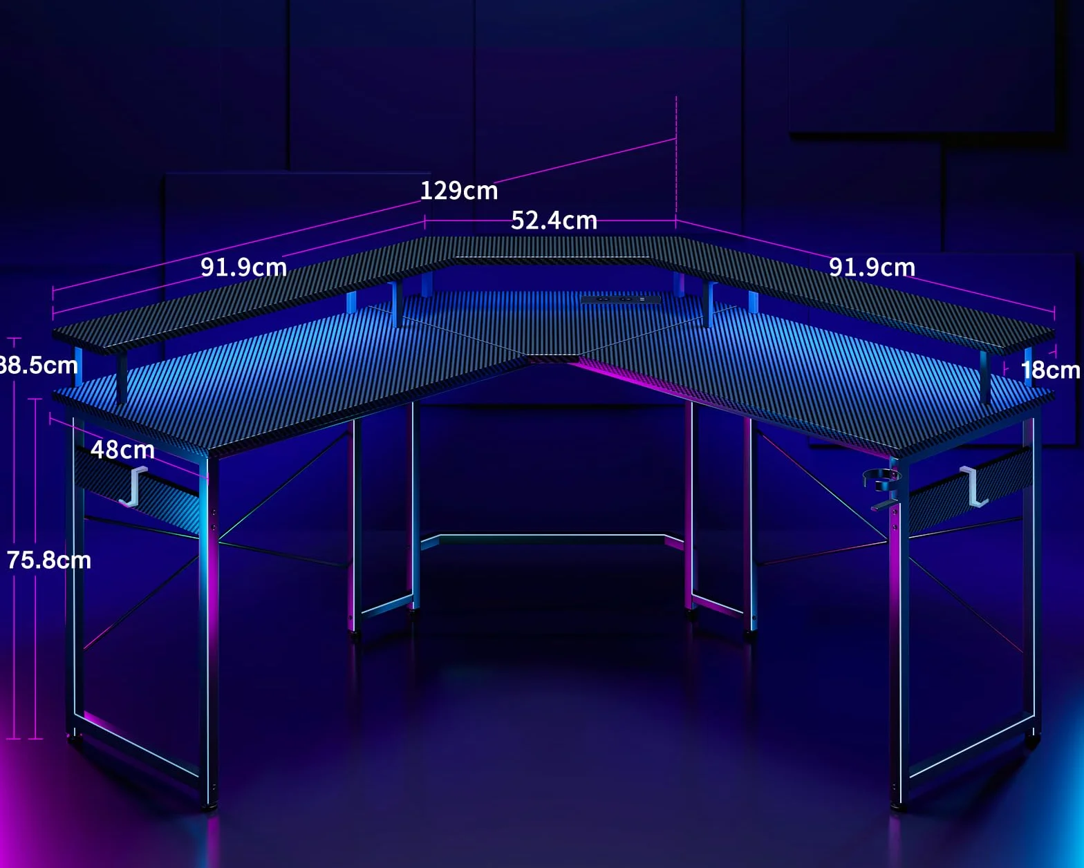 ODK Biurko gamingowy z diodami LED, biurko gamingowe z 2 gniazdami wtykowymi i 2 portami ładowania USB, stolik gamingowy z dużą półką na monitor, czarne włókno węglowe, 129 x 129 cm