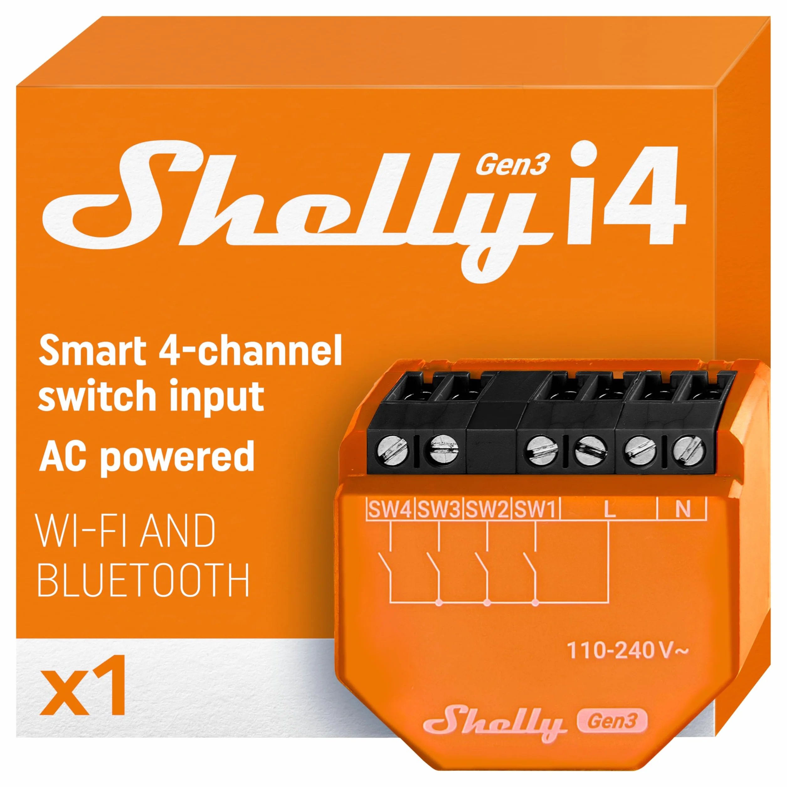 Shelly i4 Gen3- Sterownik wejść 4-cyfrowych WiFi i Bluetooth dla przekaźników Shelly, Automatyka domowa,Kompatybilny z Alexa i Google Home, iOS, Android, Bez hubu, Zdalne sterowanie,Wieloklik