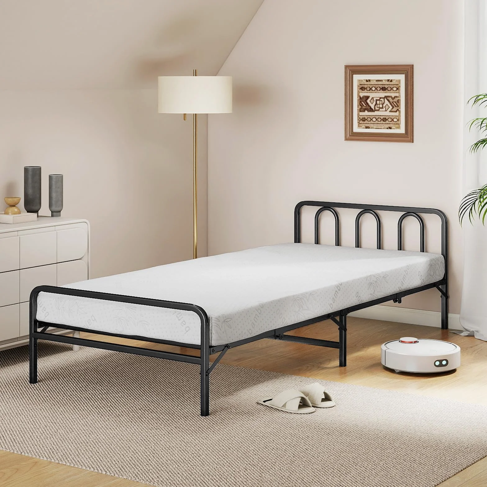 GIANTEX Łóżko składane 90 x 200 cm, dla dorosłych, łóżko dla gości, metalowa rama łóżka z materacem i stelażem, pojedyncze łóżko z zagłówkiem, składana rama łóżka z platformą, do domu, biura